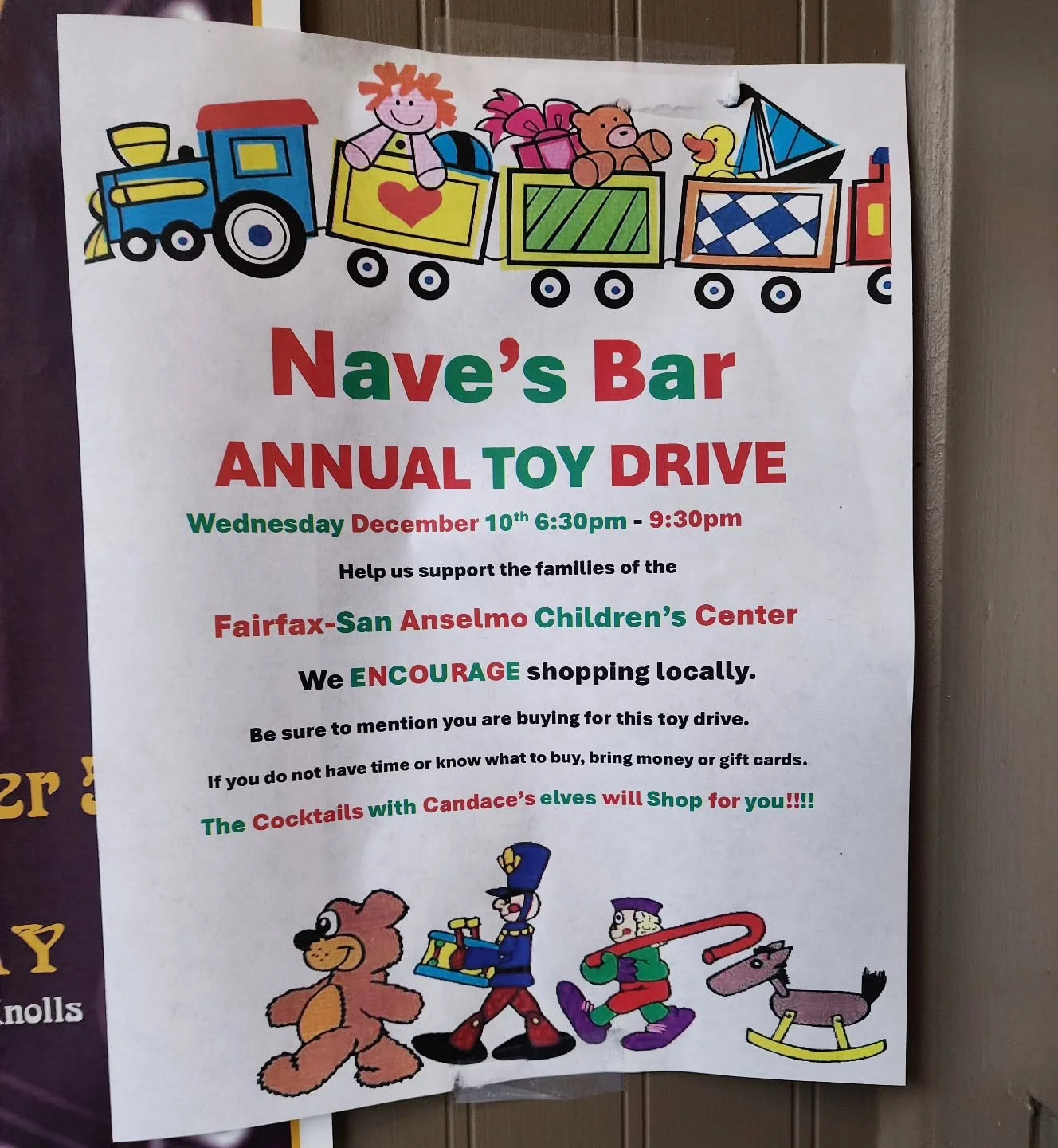 Nave&rsquo;s Bar is hosting their Annual Toy Drive this Wednesday, Dec 10, 6:30&ndash;9:30pm &mdash; and it&rsquo;s all for the Fairfax&ndash;San Anselmo Children&rsquo;s Center.
Bring a toy, bring a gift card, or just bring yourself. They&rsquo;re e
