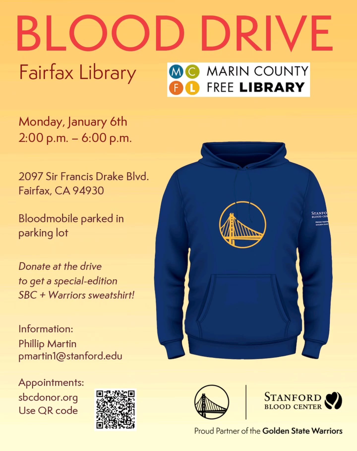 Doing good never looked this good. 😎
Donate blood Jan 6 from 2 to 6pm at the Fairfax Library and get a limited-edition SBC + Warriors sweatshirt. Bloodmobile in the lot. 
Book it: sbcdonor.org