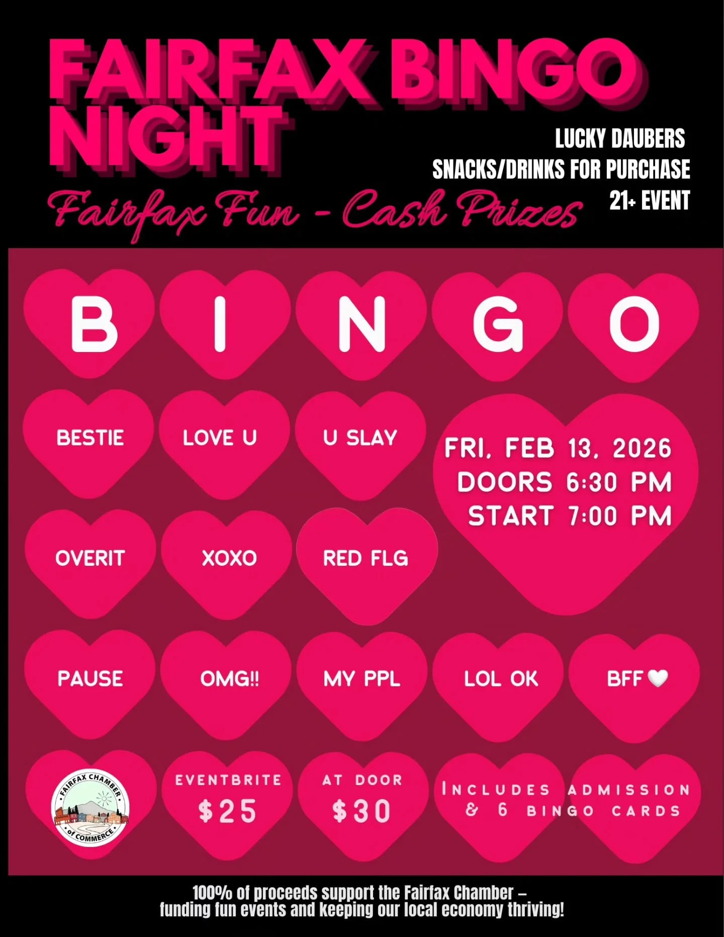 You could stay home.
Or you could win cash and see everyone you know.
Fairfax Bingo Night.
21+ | Doors 6:30pm | Games 7pm
Feb 13.
Fairfax&rsquo;s favorite night out.

Tickets in bio.