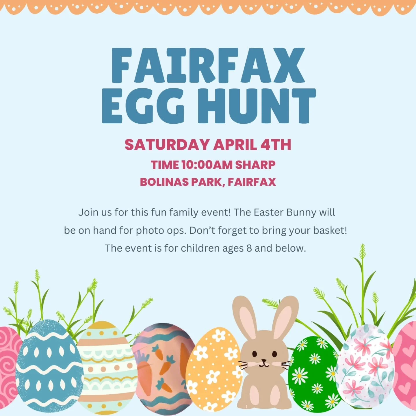 The Fairfax Egg Hunt is back! 🐣 Join us Saturday, April 4 at 10am sharp at Bolinas Park. For kids 8 and under. Bring your basket and don&rsquo;t be late&hellip; the eggs don&rsquo;t wait.