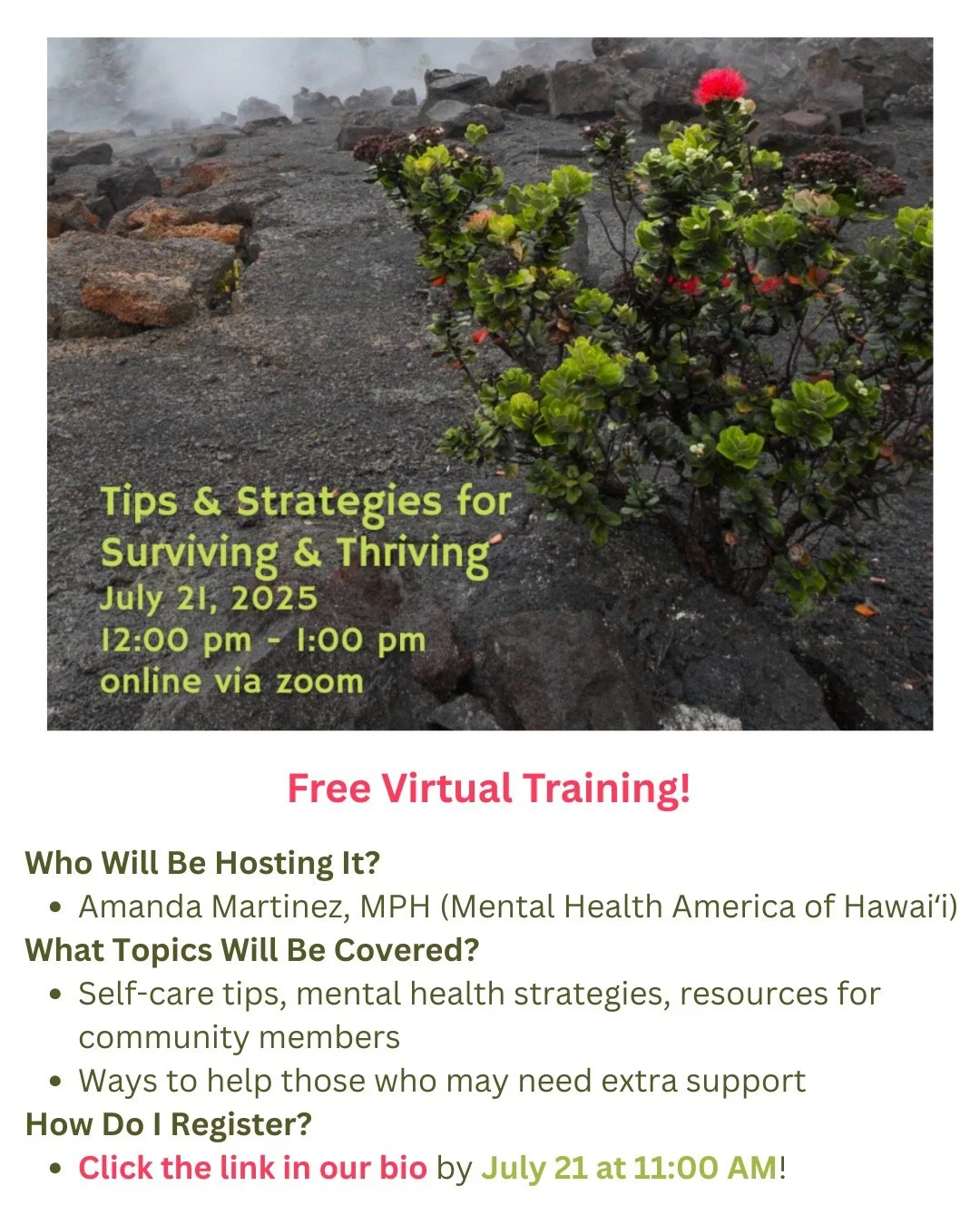Got an hour? Join us for a virtual training focused on self-care tips, mental health strategies, and resources to support those in your community! 

This training is free to register, and you can find the link in our lnk.bio. We hope to see you there
