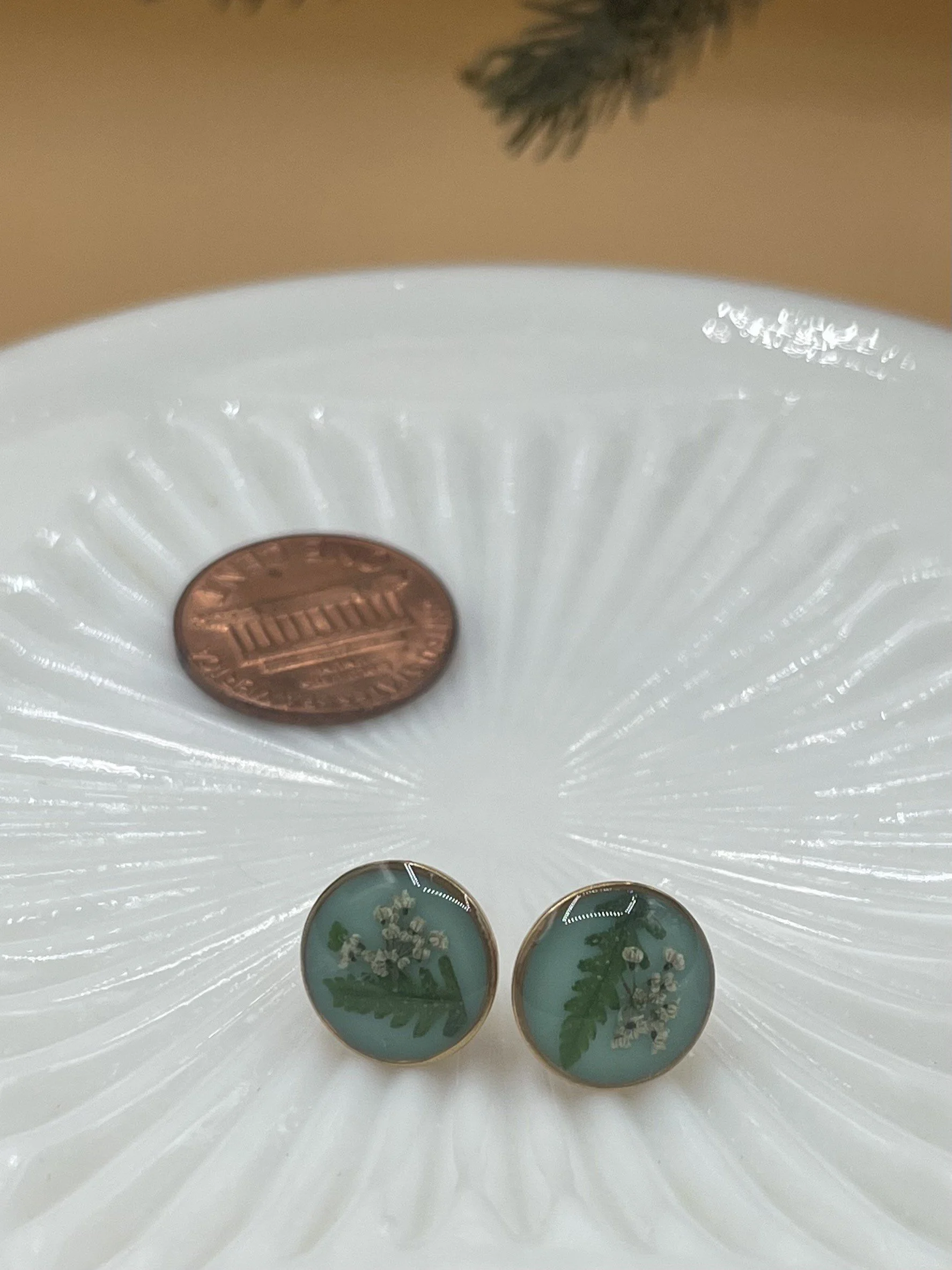 Teal Queen Anne's Lace and Fern Stud Earrings, round gold