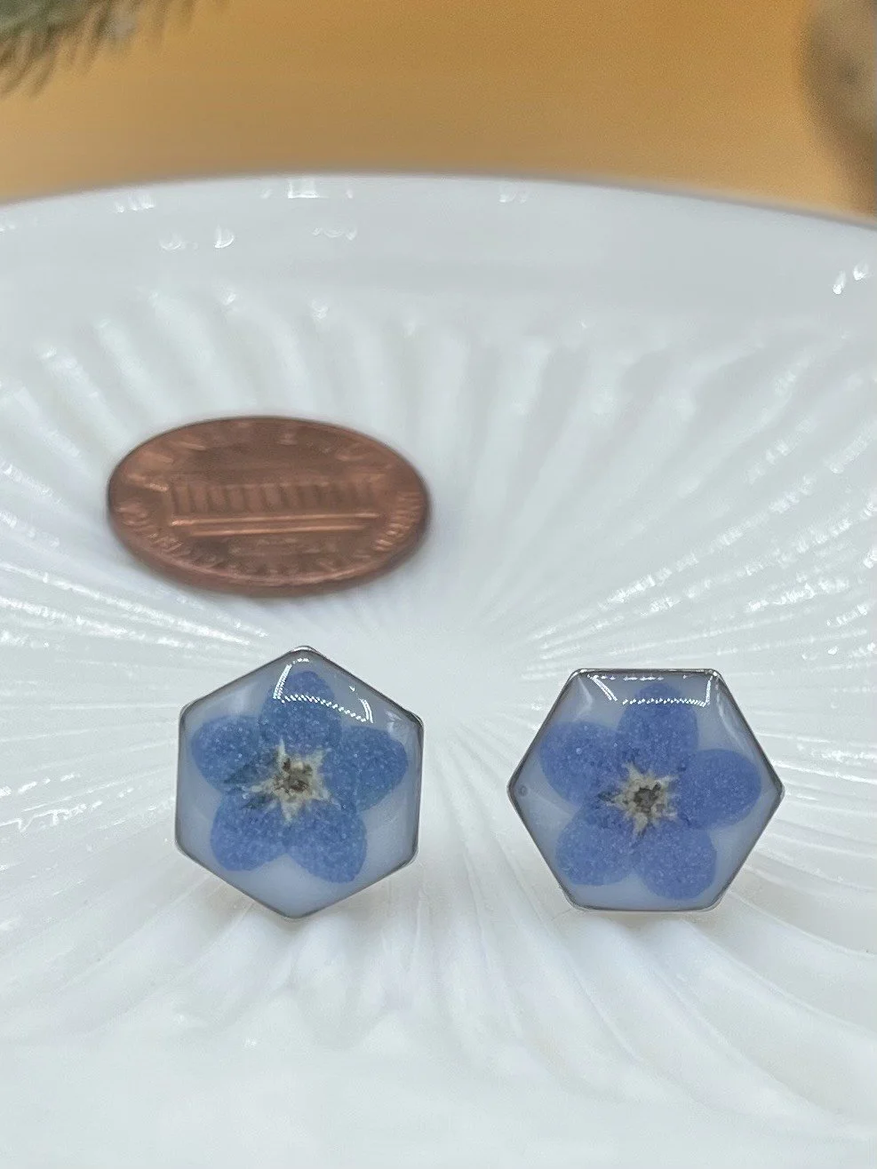 Forget-Me-Not Stud Earrings, stainless steel hexagon
