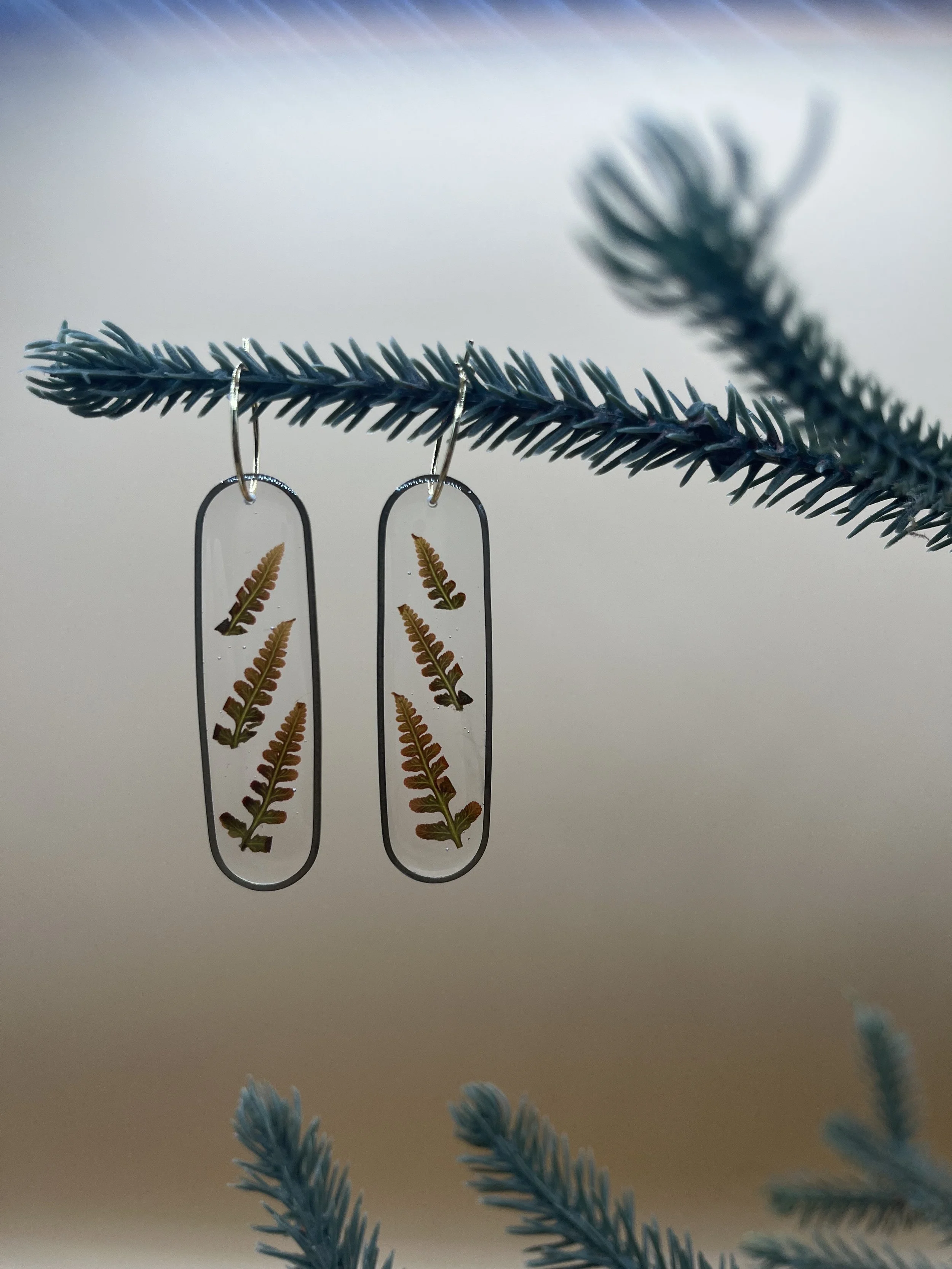 Autumn Fern Earrings, young triple, oblong brass frame