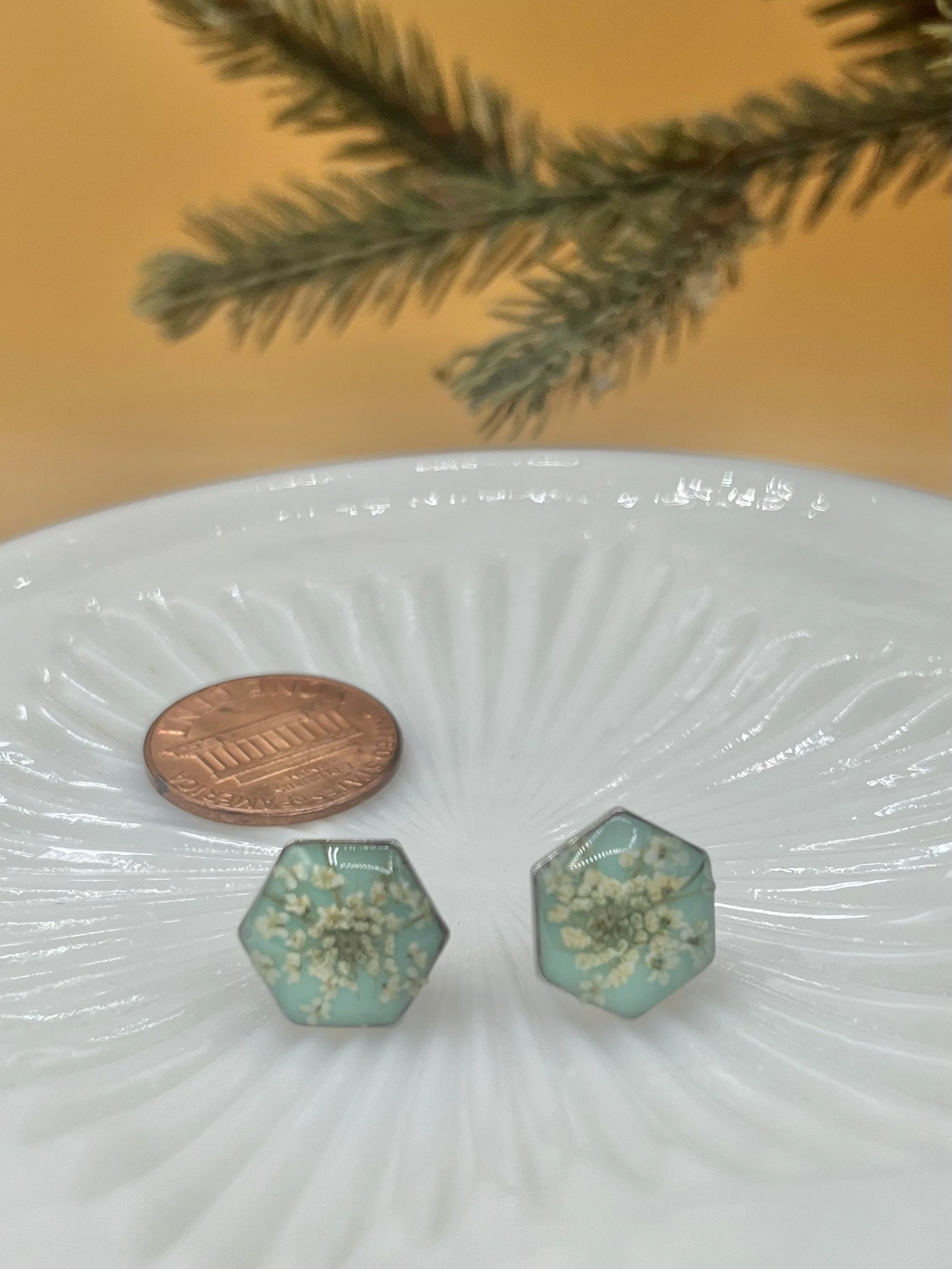 Teal Queen Anne's Lace Stud Earrings, stainless steel hexagon