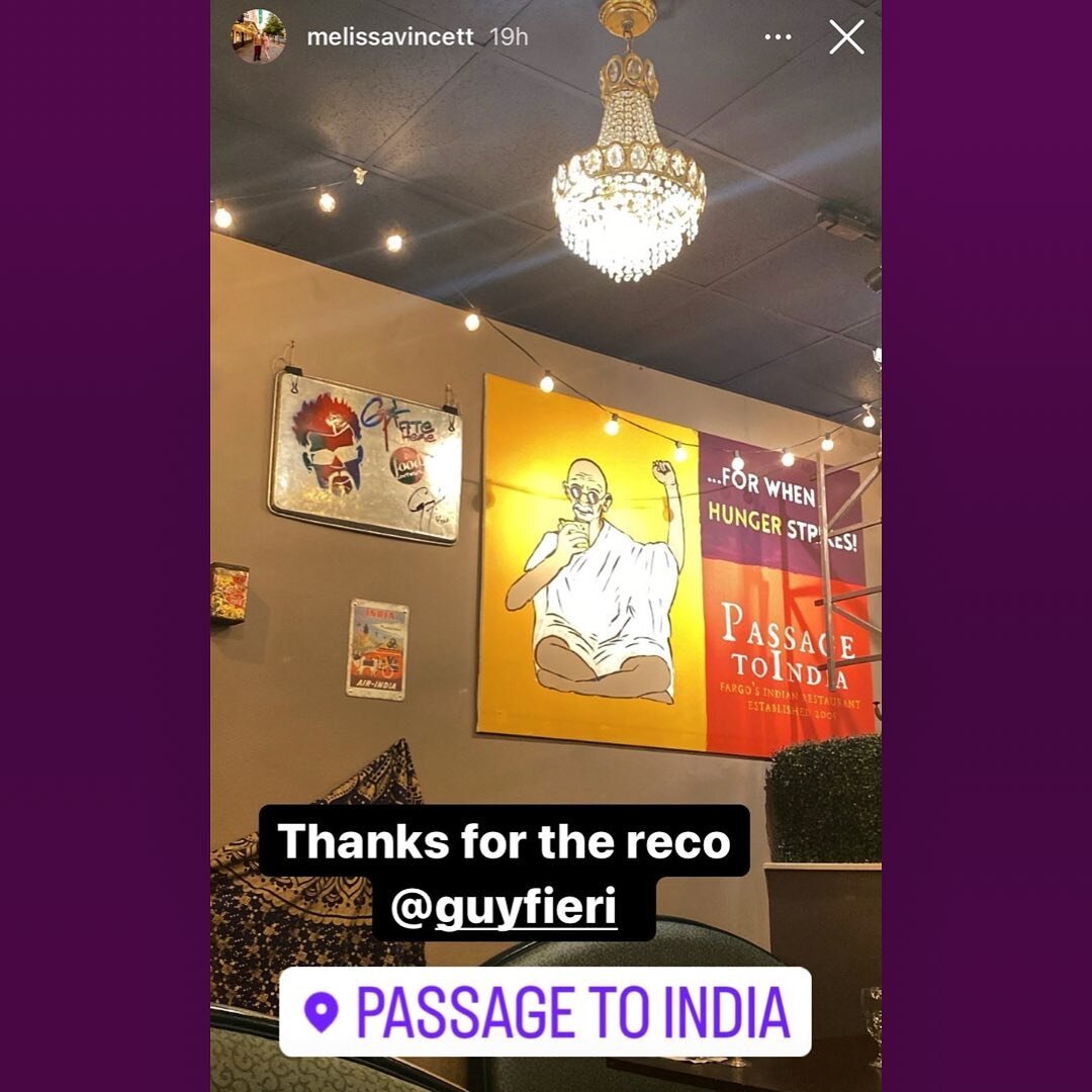Passage to India Fargo &mdash; for when hunger strikes. If you look closer at the artwork in the background you&rsquo;ll get the pun. Sharing a post from one of our guests recently who dined with us. @melissavincett thanks for stopping by and glad yo