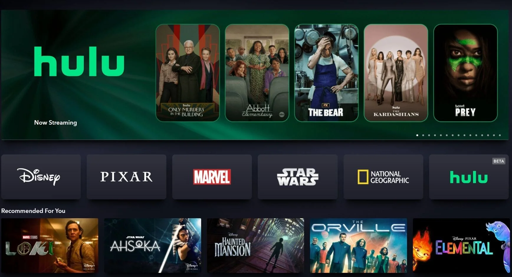 Hulu streaming interface featuring a selection of TV shows and movies, including 'Only Murders in the Building,' 'Abbott Elementary,' 'The Bear,' 'The Kardashians,' 'Prey,' and various suggested titles like 'Loki,' 'Ahsoka,' 'The Haunted Mansion,' 'The Orville,' and 'Elemental'.