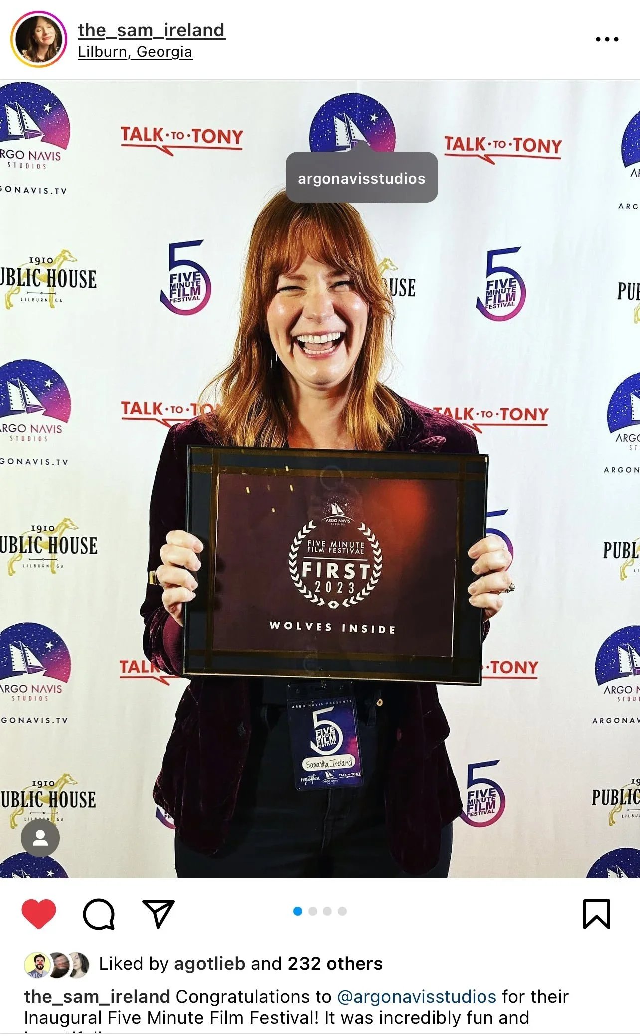 Sam Ireland holding first place award after winning Five Minute Film Festival 2023