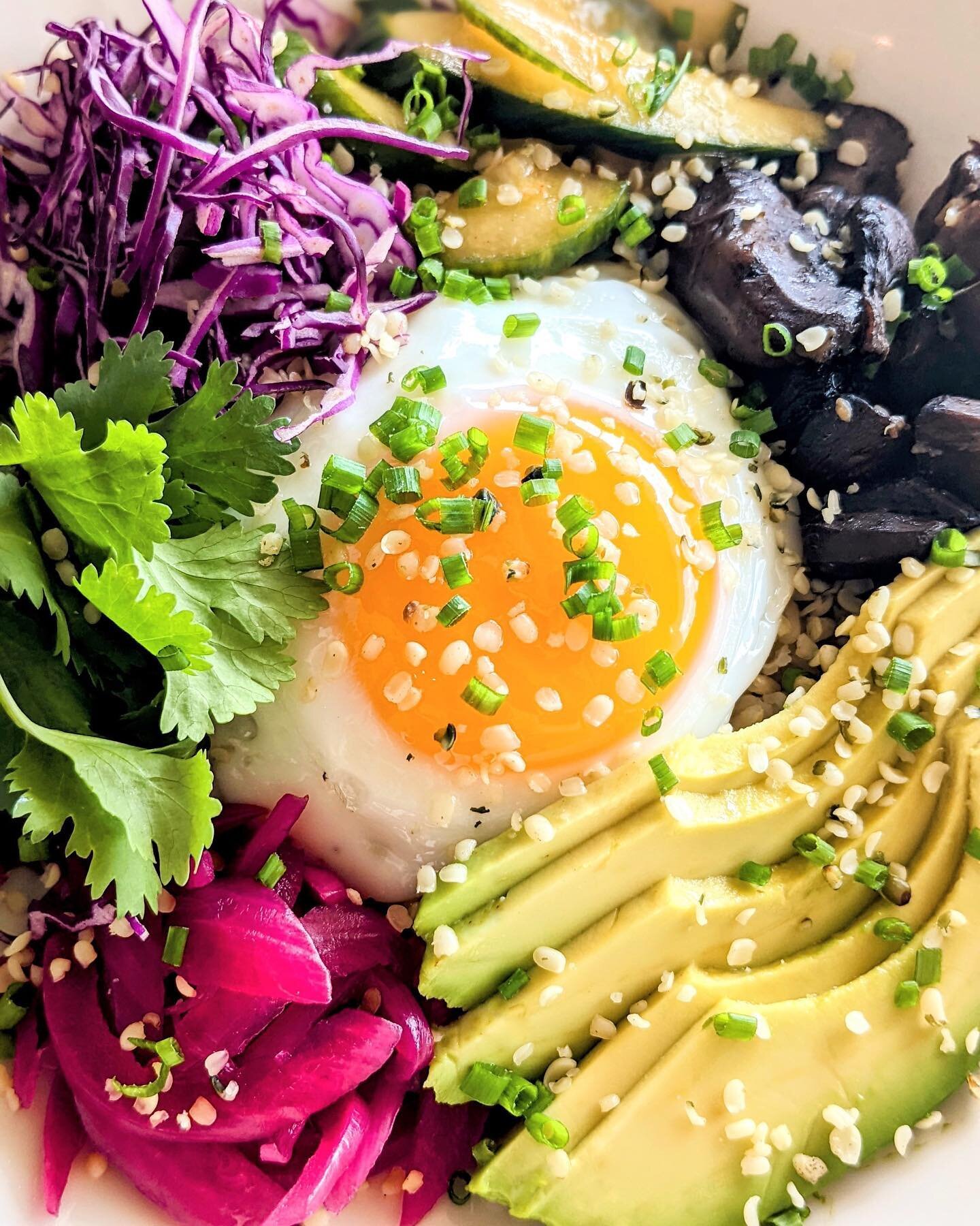 Nothing better on a cold raining day than our Bibimap! 
A bed of warm jasmine rice is topped with cucumber kimchi, pickled onion, avocado, a fried sunny side up @vitalfarms egg, and served with our house-made ⁠sesame chile sauce.
Add your choice of p