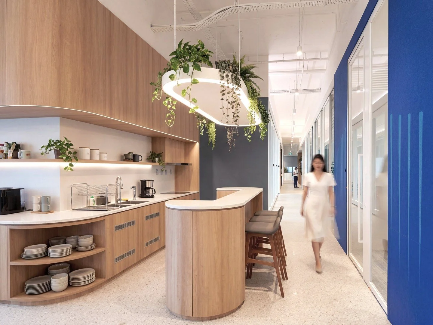 The pantry at Biomed Global's Singapore is a hinging point between the public lounge and semi-private and private zones, leading towards the meeting rooms and work clusters. 

The brand identity carries through fluidly across the office, with the bol