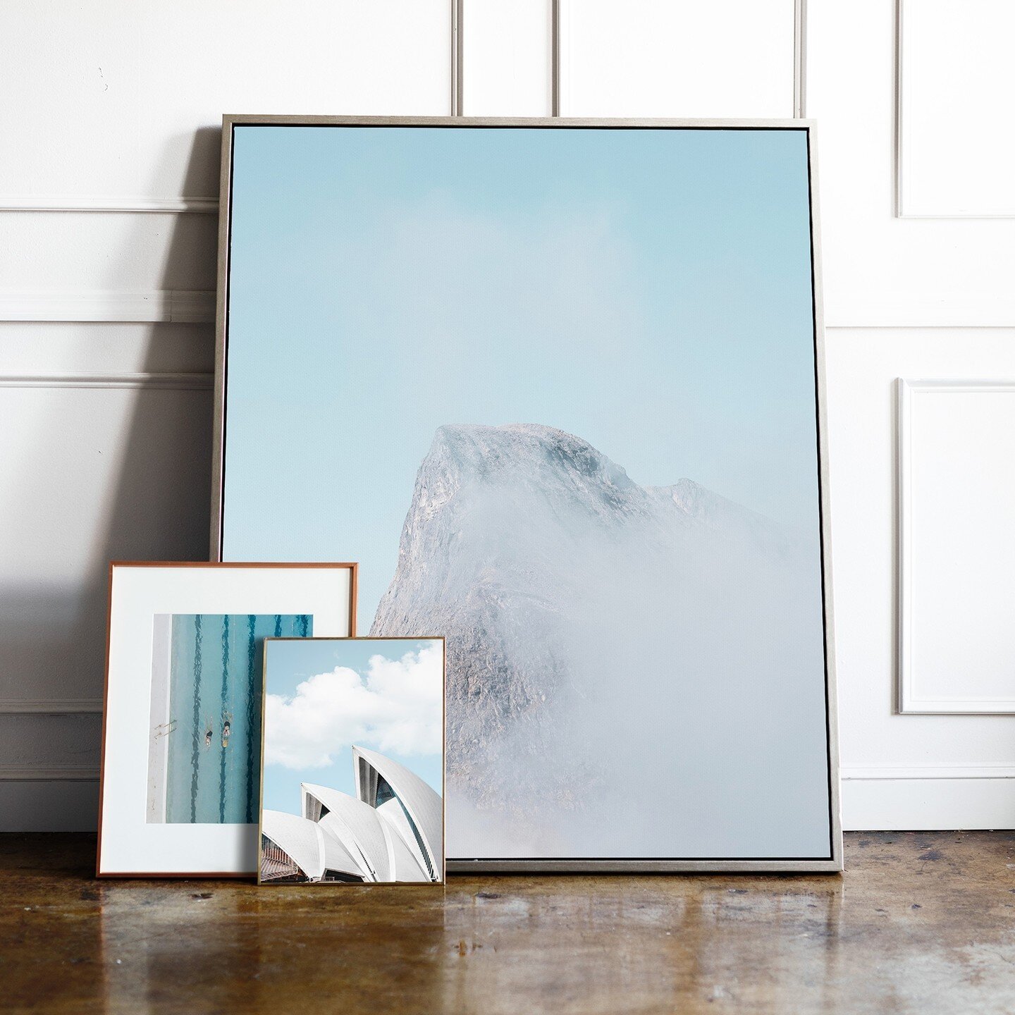 Create a collection of matching prints for your home. Our Italian 'Cloudy Mountain' print goes fab with our 'Bondi Beach Pool Swimmers' and 'Sydney Opera House Sky' prints. Add all three at checkout, link in bio