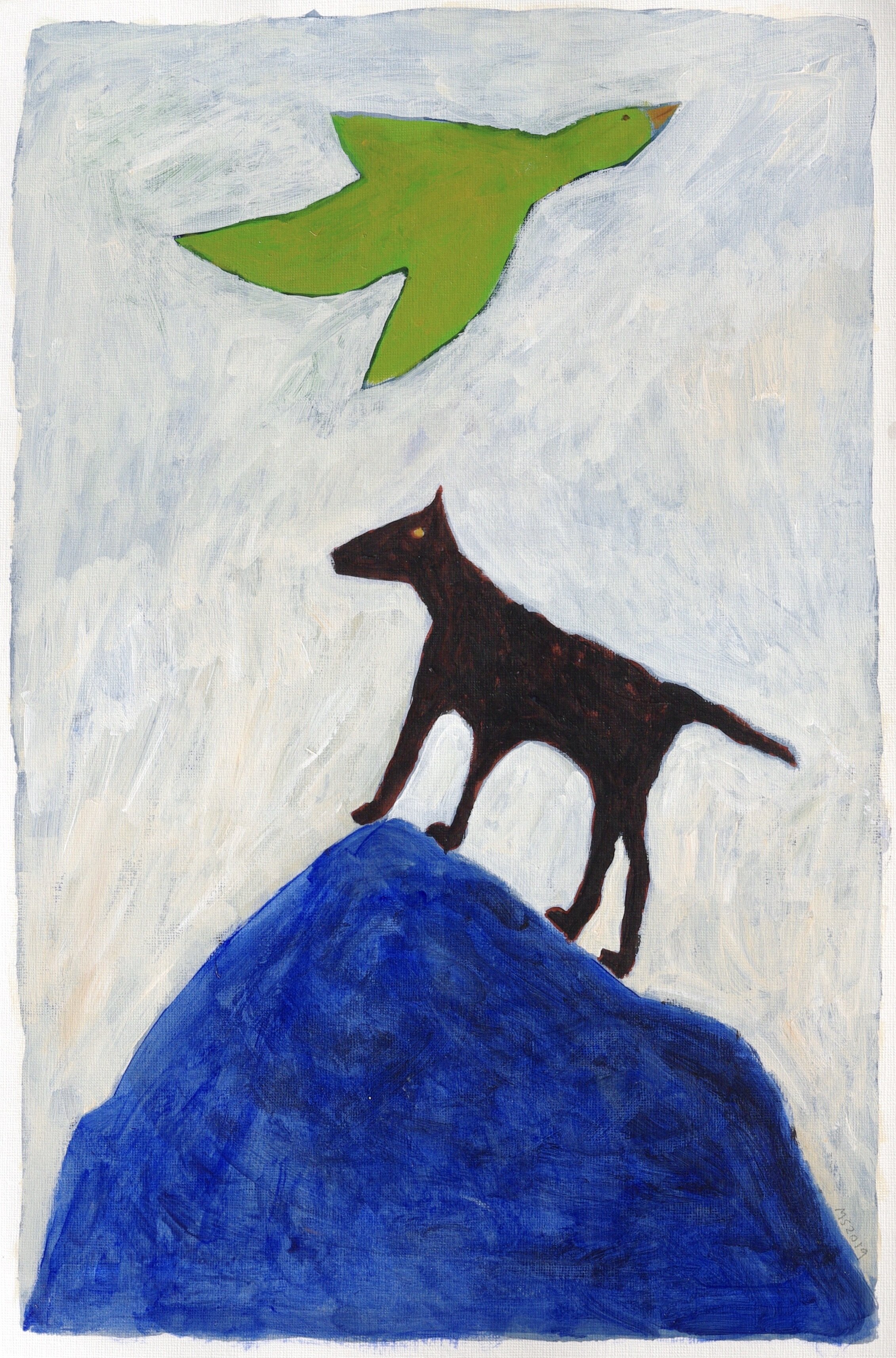 Black dog, green bird 2019 Acrylic on paper 45.5 x 33 cm