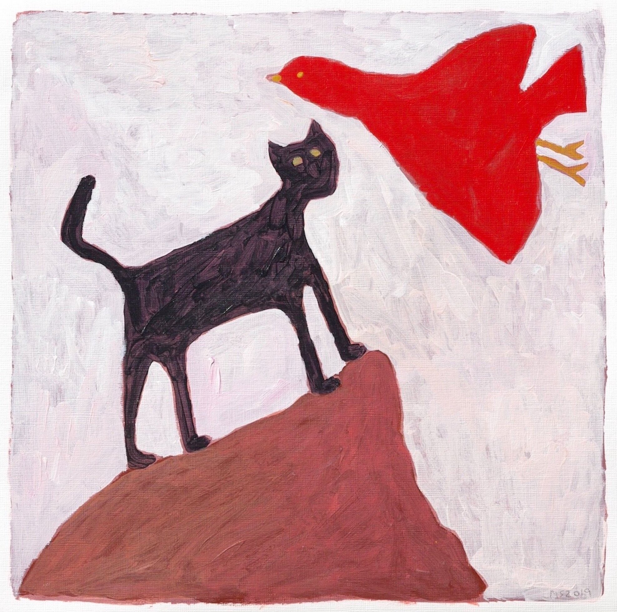 Black cat, red bird 2019 Acrylic on paper 33 x 33 cm