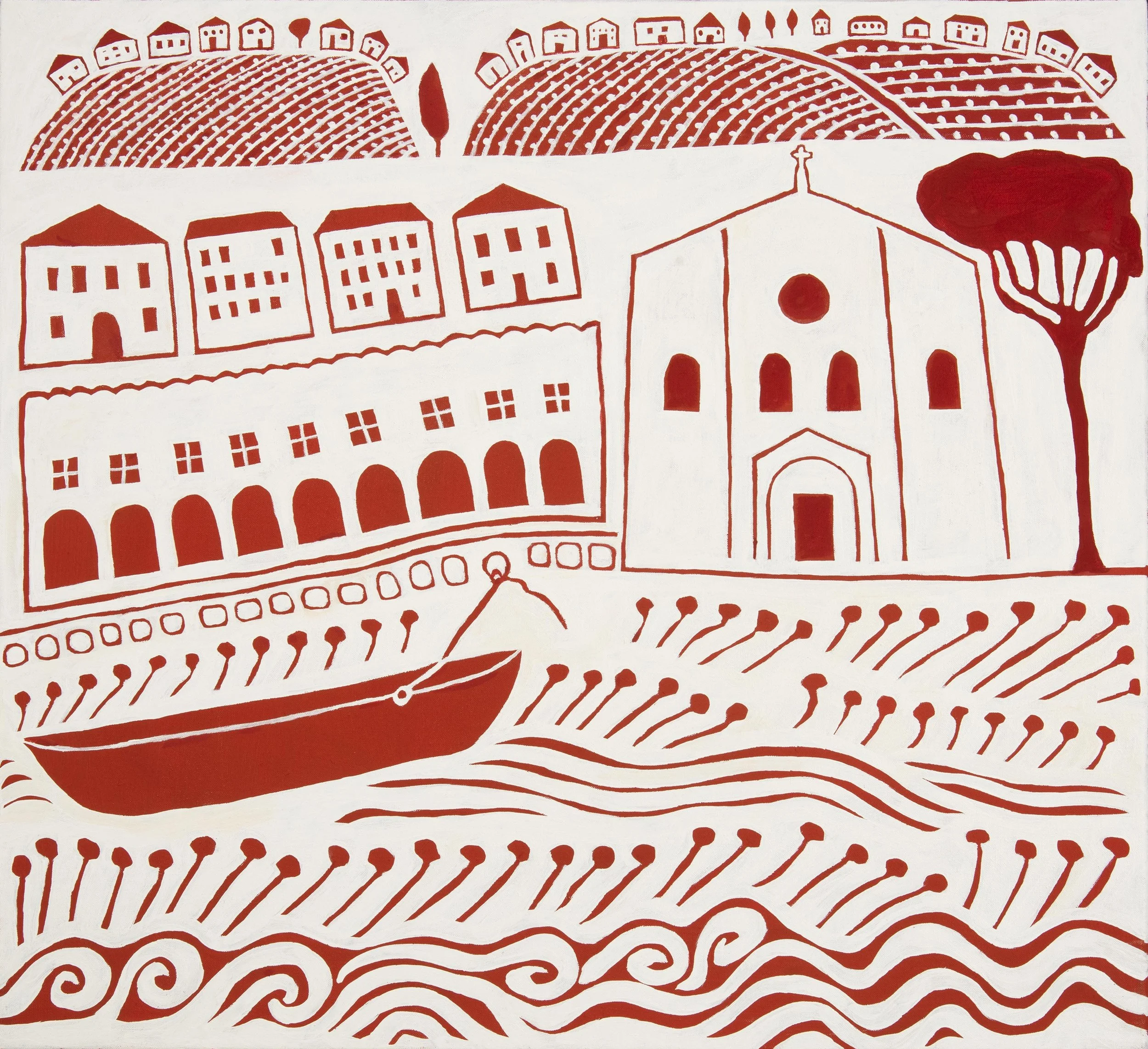   The Canal - red  2025 Acrylic on linen 56 × 61 cm  