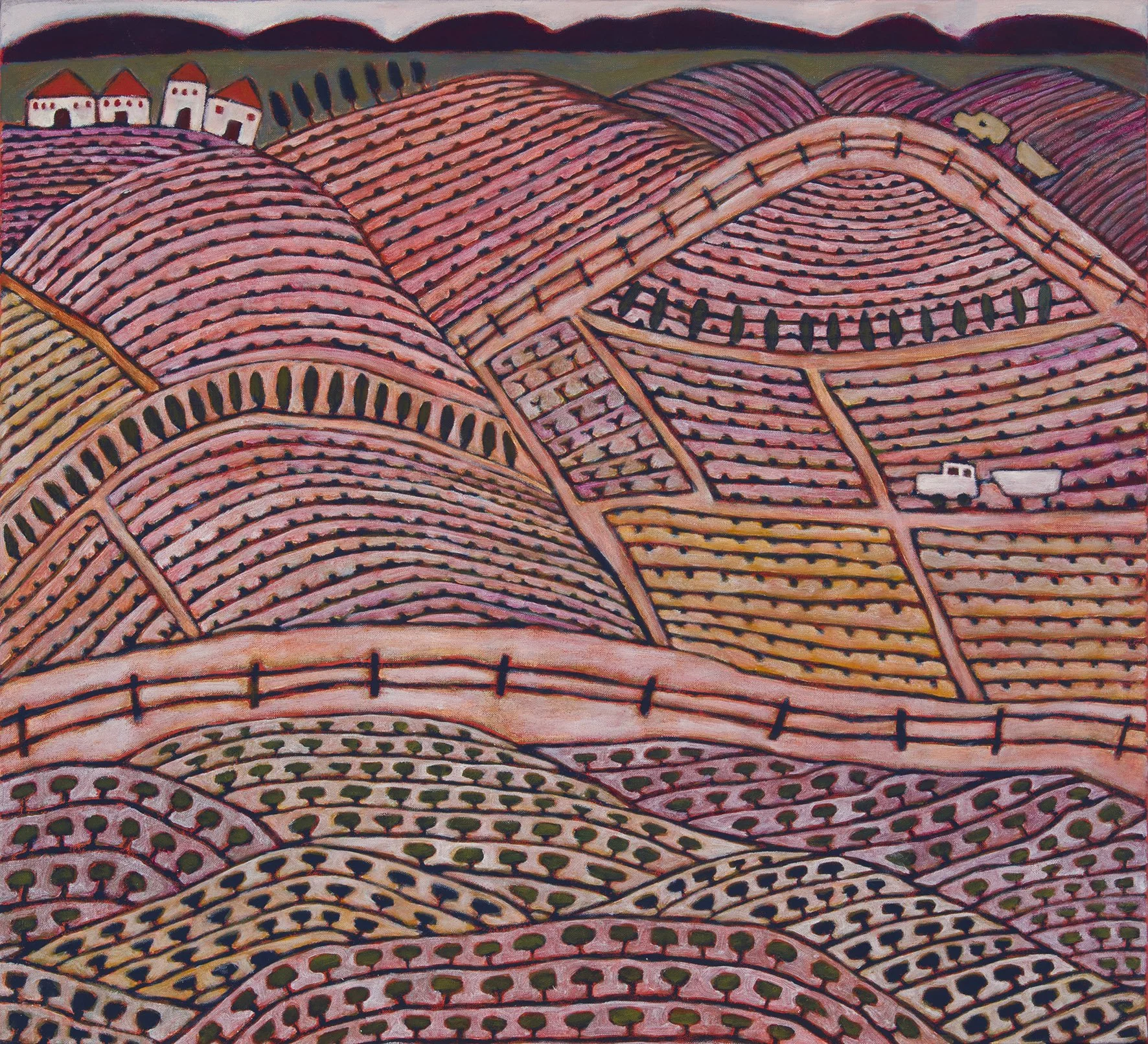   The lemon tree farm  2026 Acrylic on linen 56 × 61 cm 