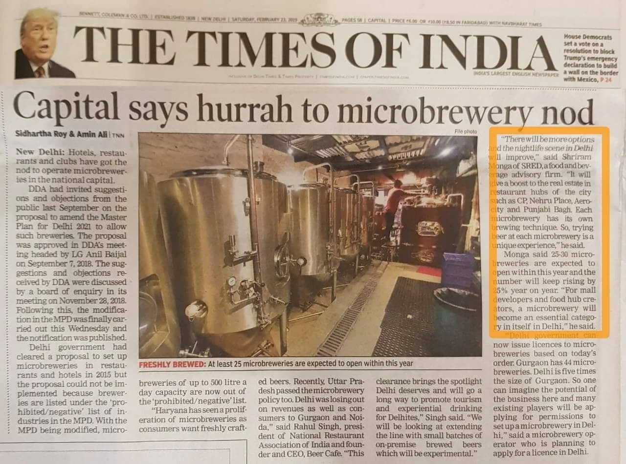 Finally, Delhi to get its own microbreweries - https://timesofindia.indiatimes.com/city/delhi/finally-delhi-to-get-its-own-microbreweries/articleshow/68119793.cms 
.
.
#SRED