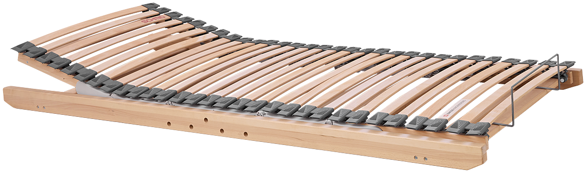 Slatted bed base mit Holzbalken und verstellbaren Kopf- und Fußteilen.