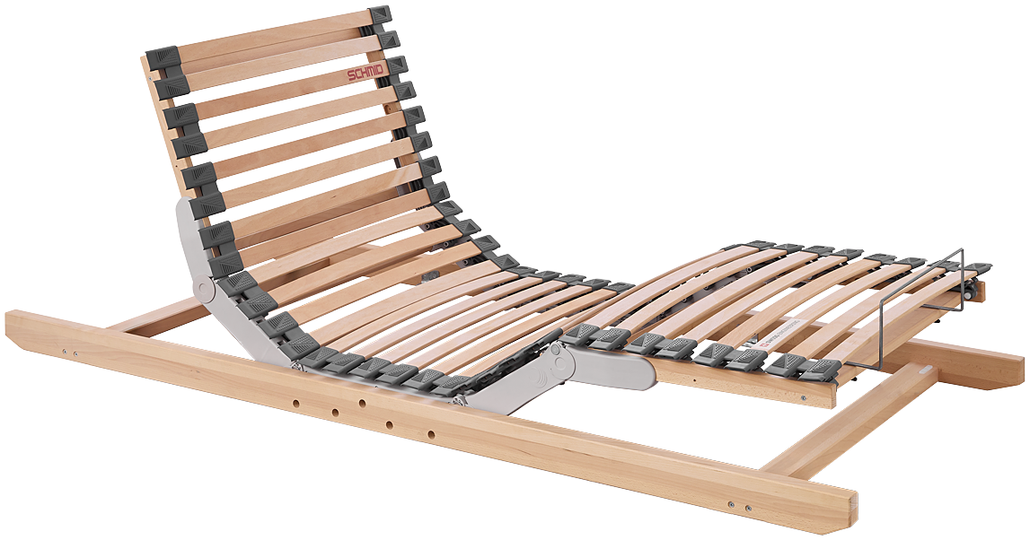 Bettenrahmen mit verstellbarer Rückenlehne und Lattenrost, Holzkonstruktion.