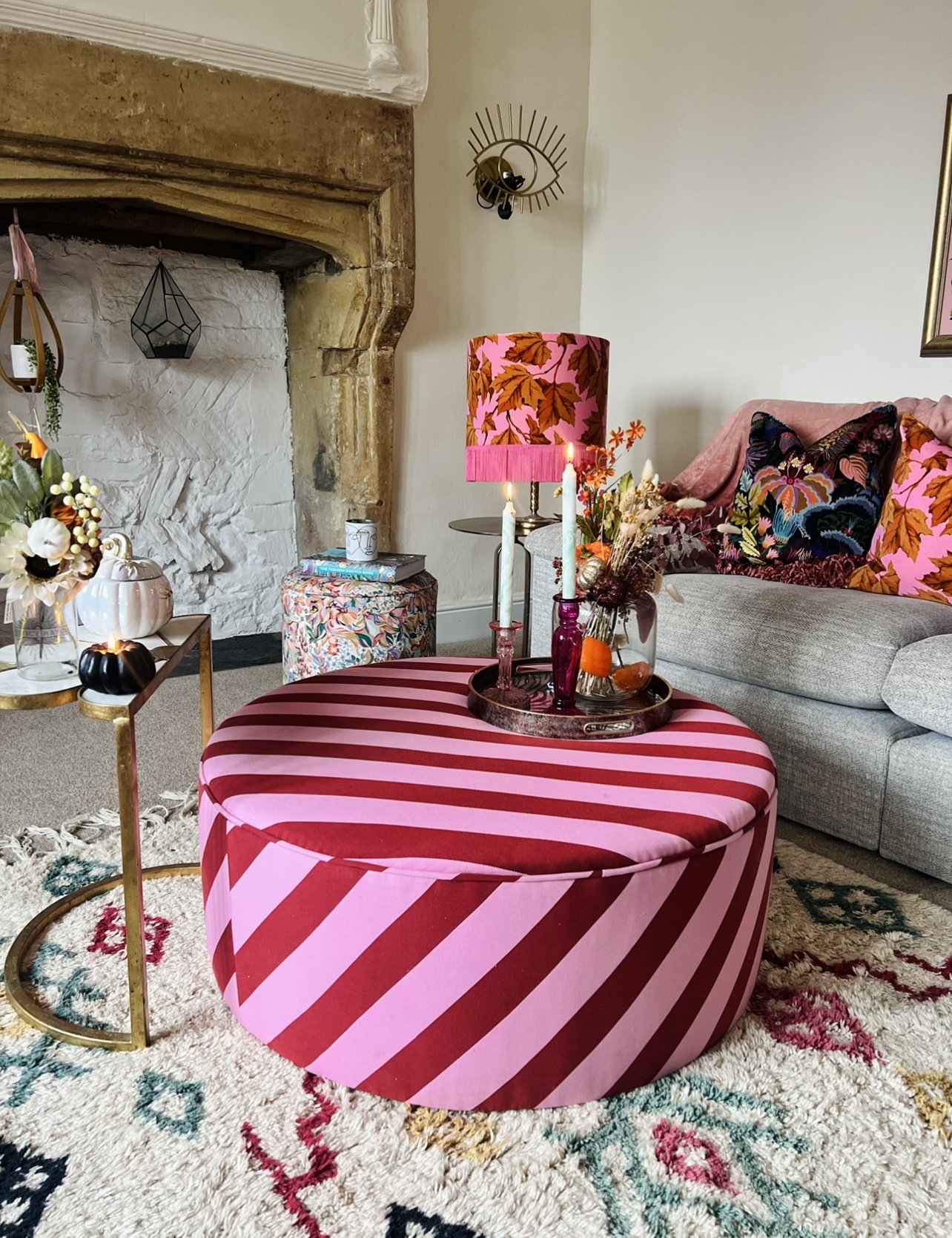 Large Round Footstool in Paper Straw Stripe