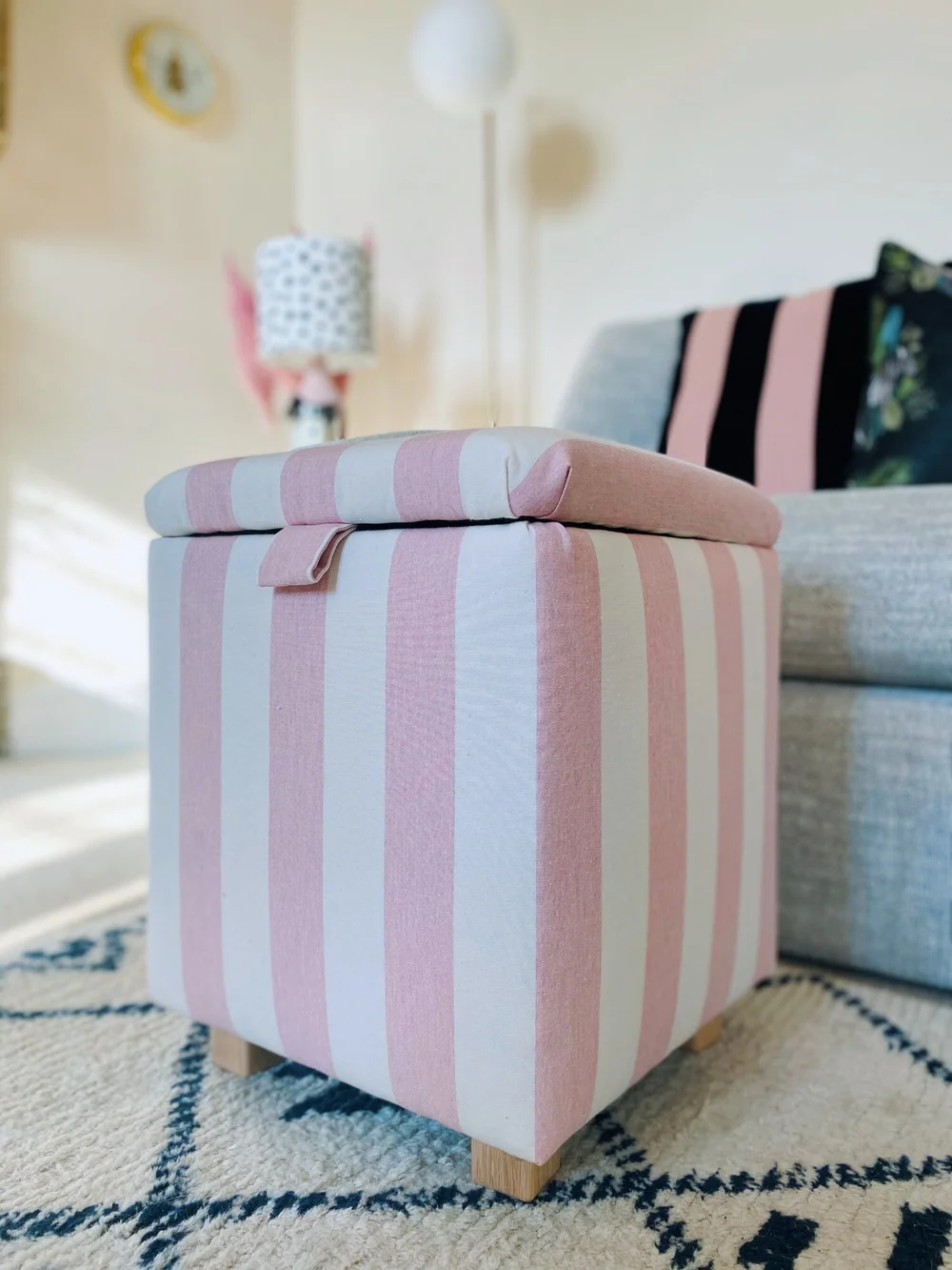 Craft Ottoman in Ian Mankin Pink Devon Stripe