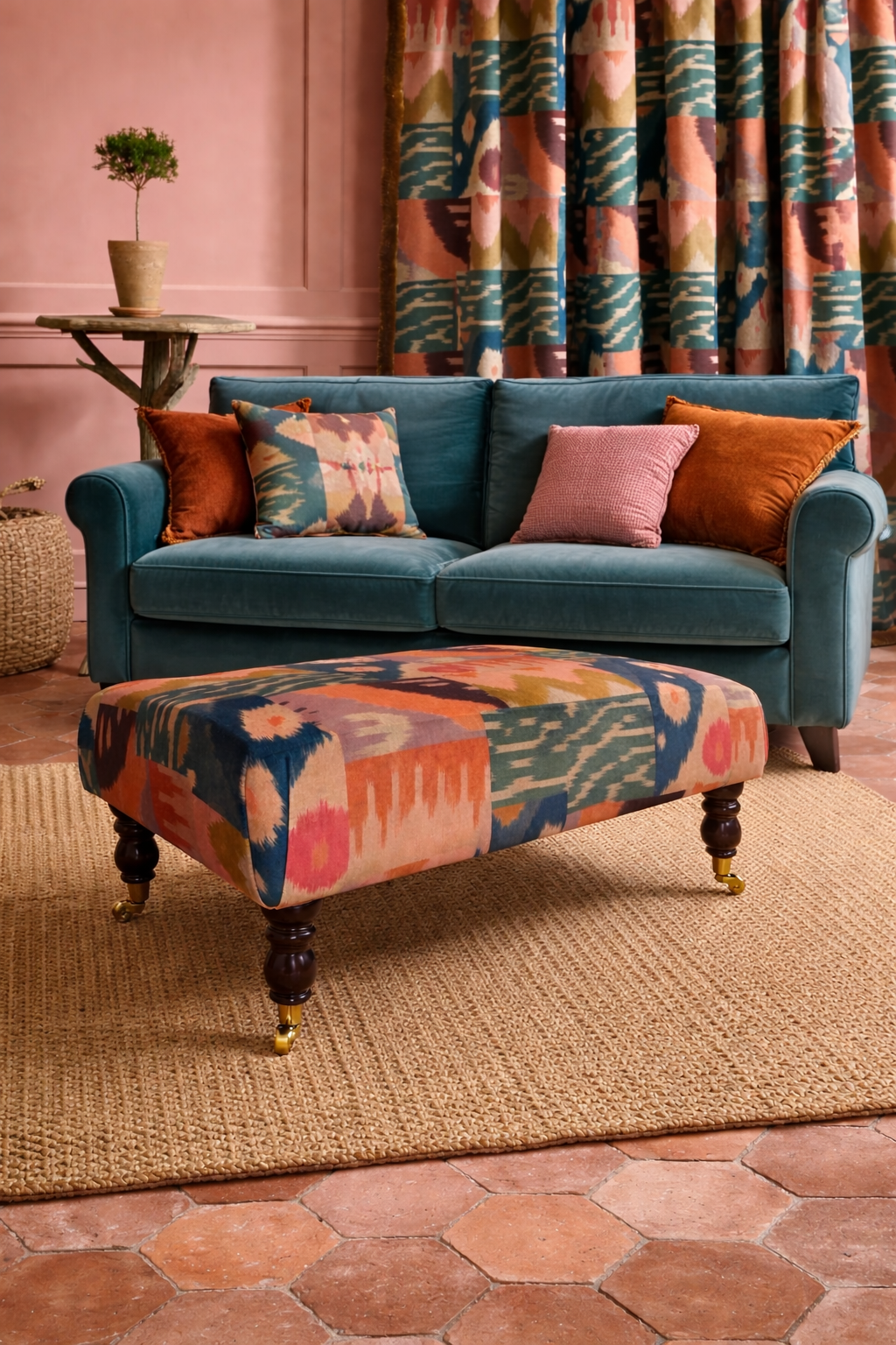 Cozy living room with teal sofa.png