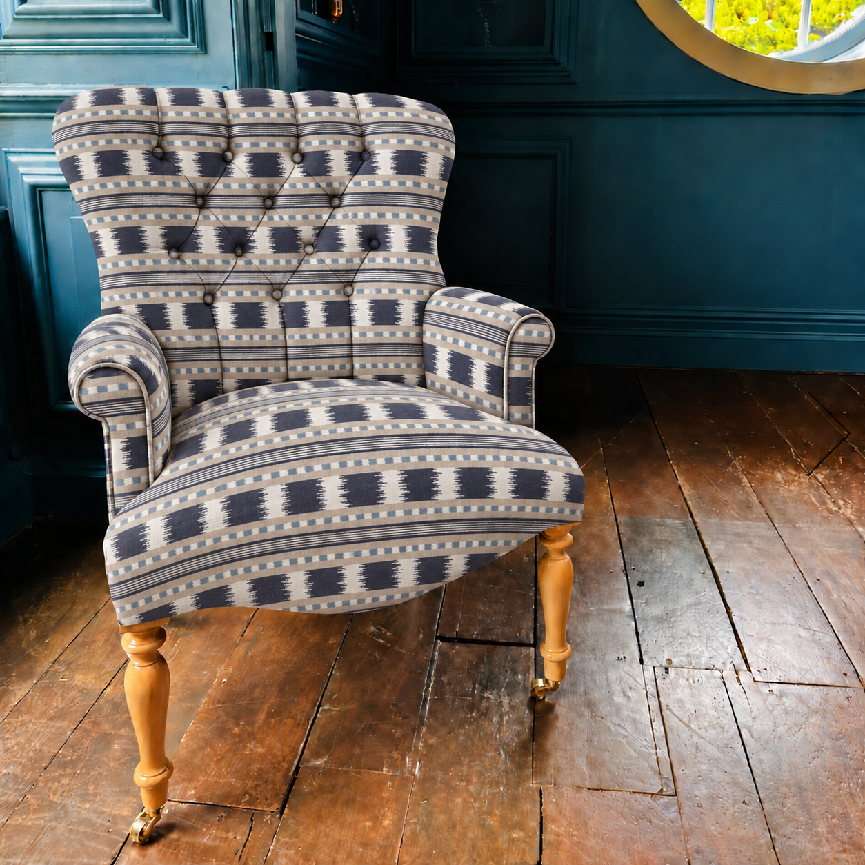 Navy and cream ikat armchair.png