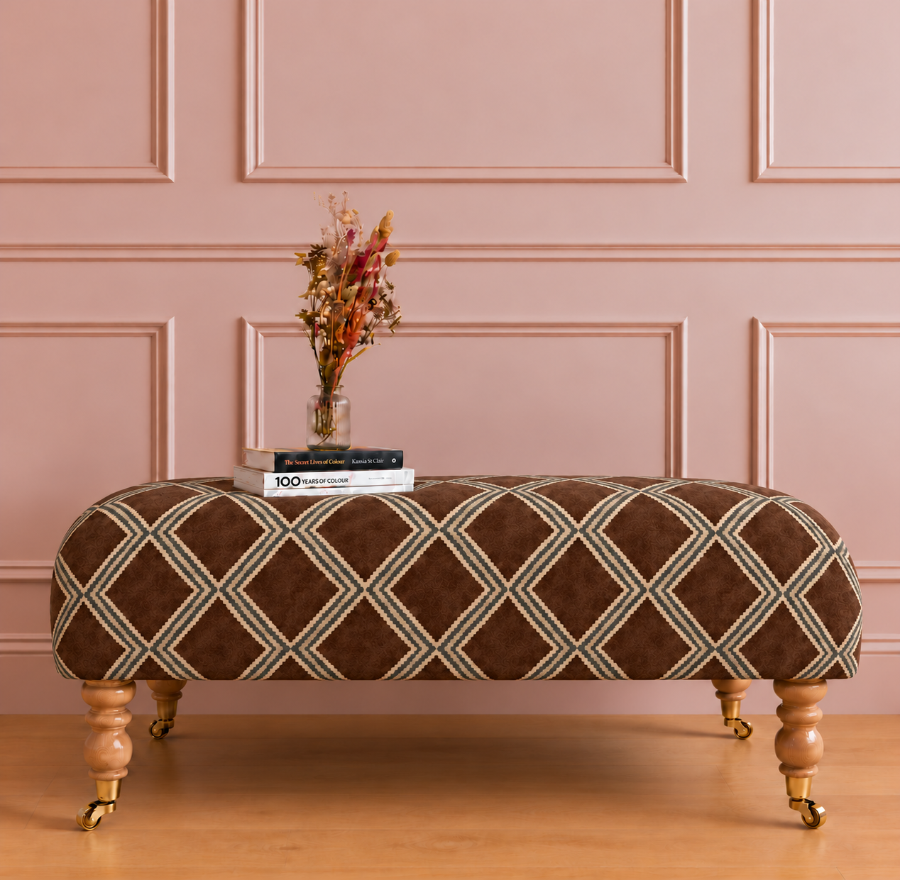 Brown velvet diamond-patterned footstool.png