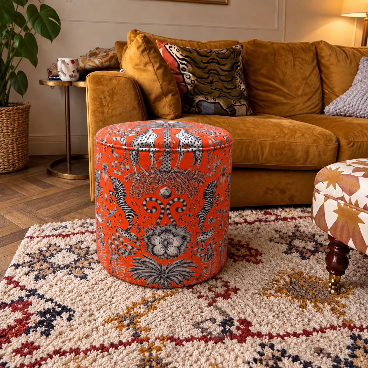 Orange+botanical+pouffe+in+mustard+sofa+room.png