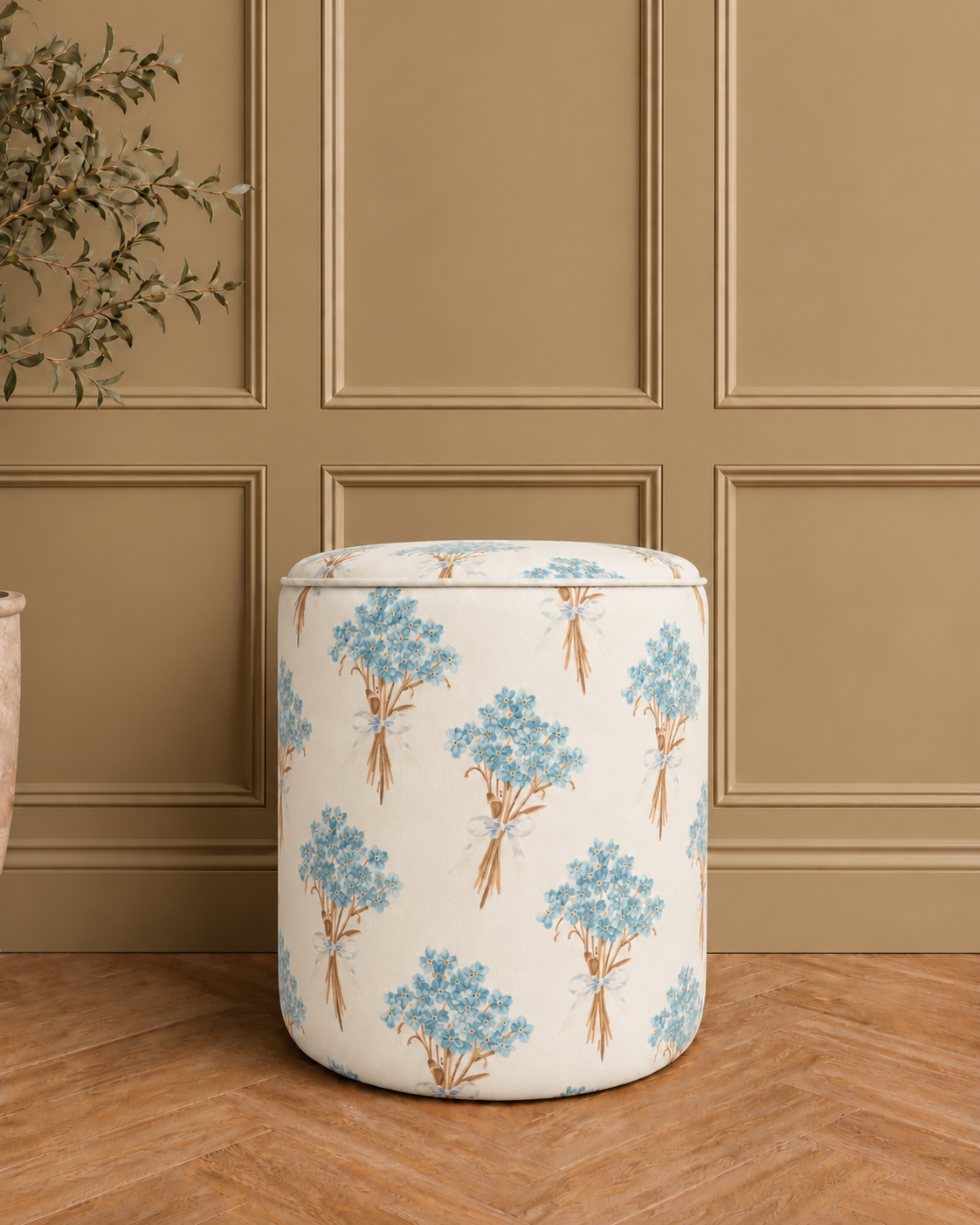 Floral Pouffe in a Warm Panelled Interior.png