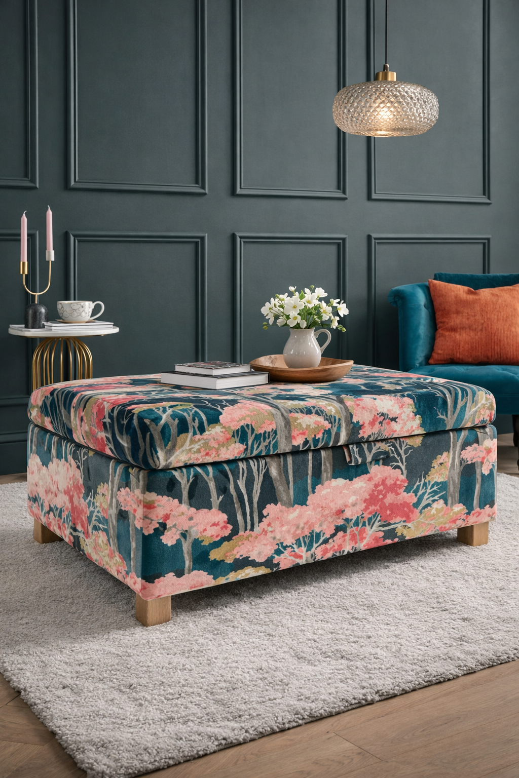 Coffee Table with Storage in Linwood Arboreal Cerise Velvet