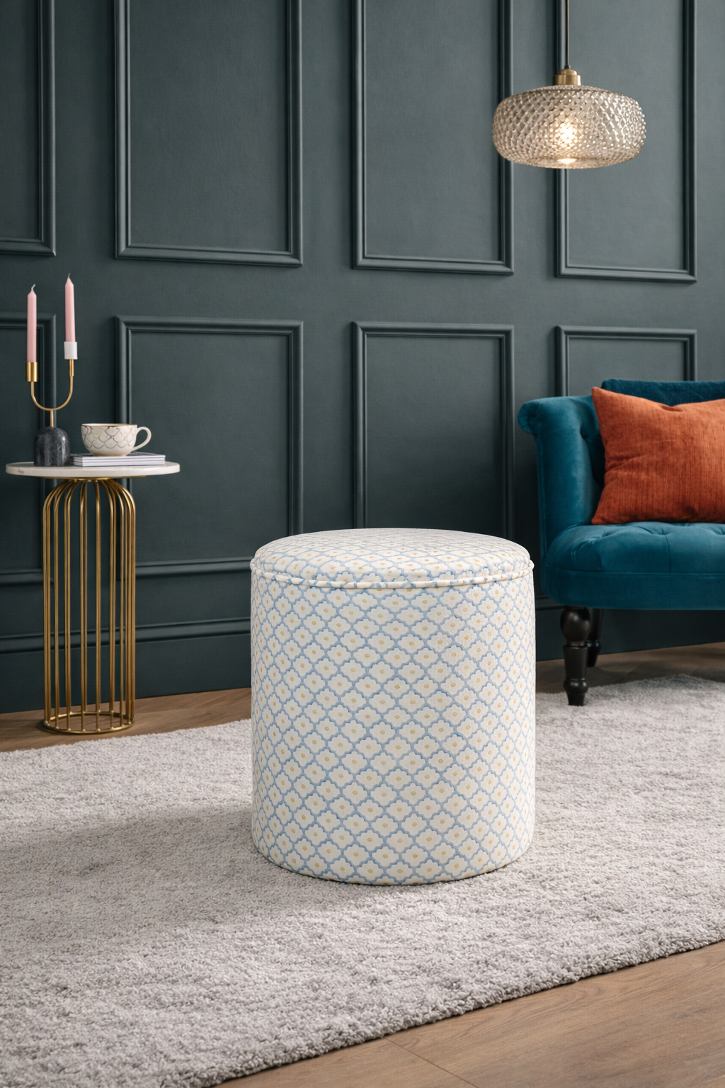 Large Round Pouffe in Linwood Buttons