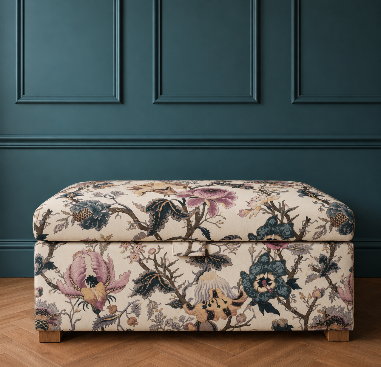 Botanical ottoman against teal paneling.png
