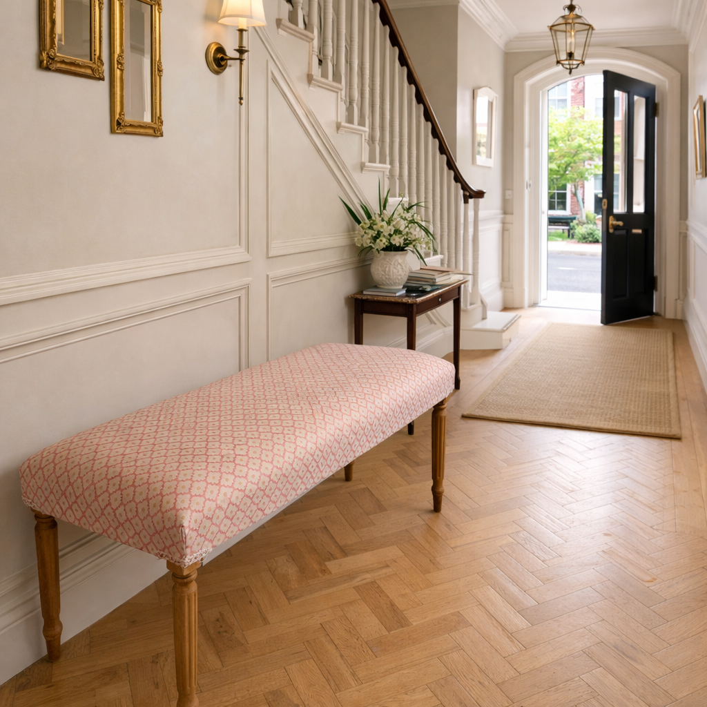Bright hallway with pink accent bench.png