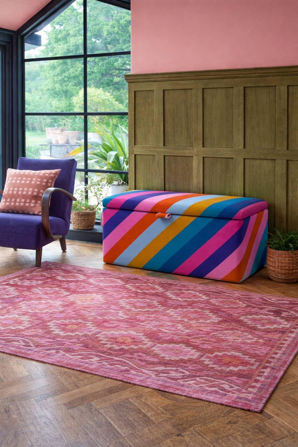 Ottoman in Harlequin x Sophie Robinson Sherbet Stripe Velvet