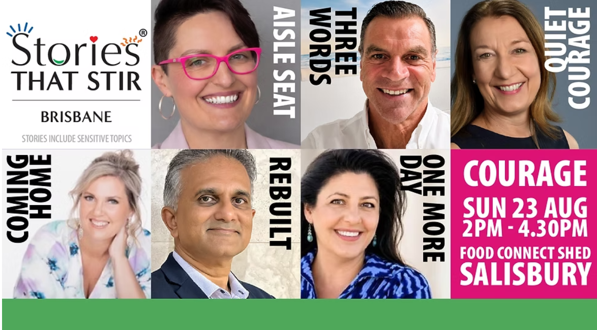 A grid made up of the Stories That Stir logo and smiling headshots of the six speakers - four women and two men.