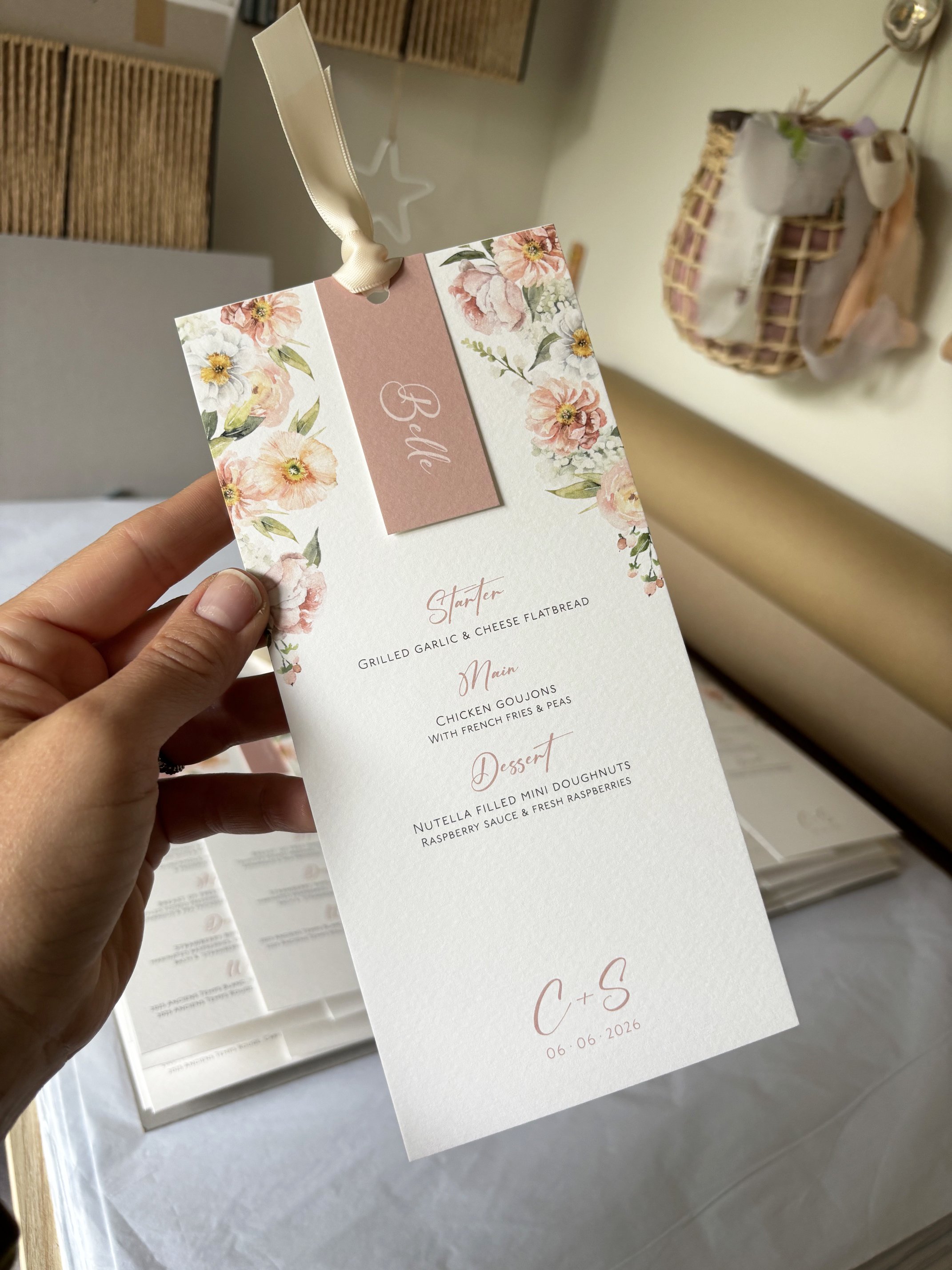 Polly Pickle Blossom Floral Wedding Menu & Place Name Tag