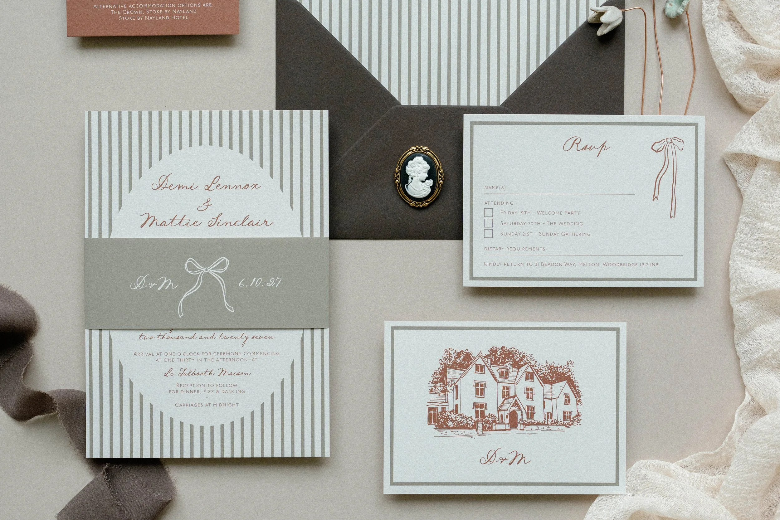 Polly Pickle Demi Olive Green & Rust Invitation Suite