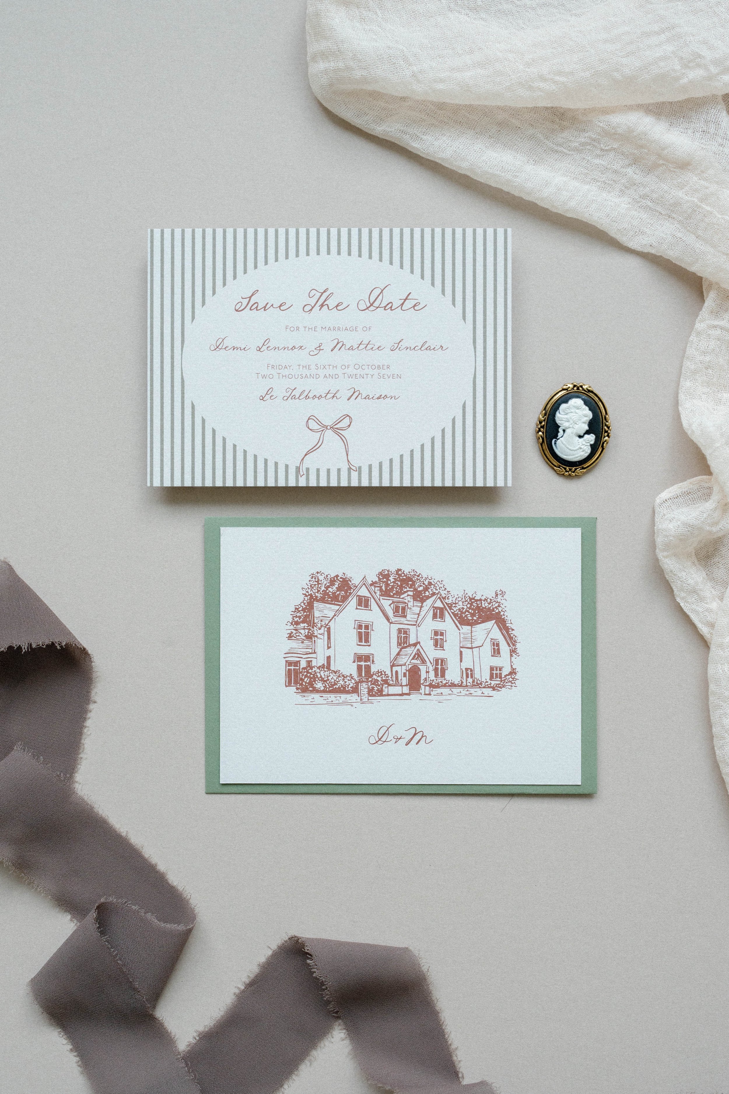 Polly Pickle Demi Olive Green & Rust Save the Date