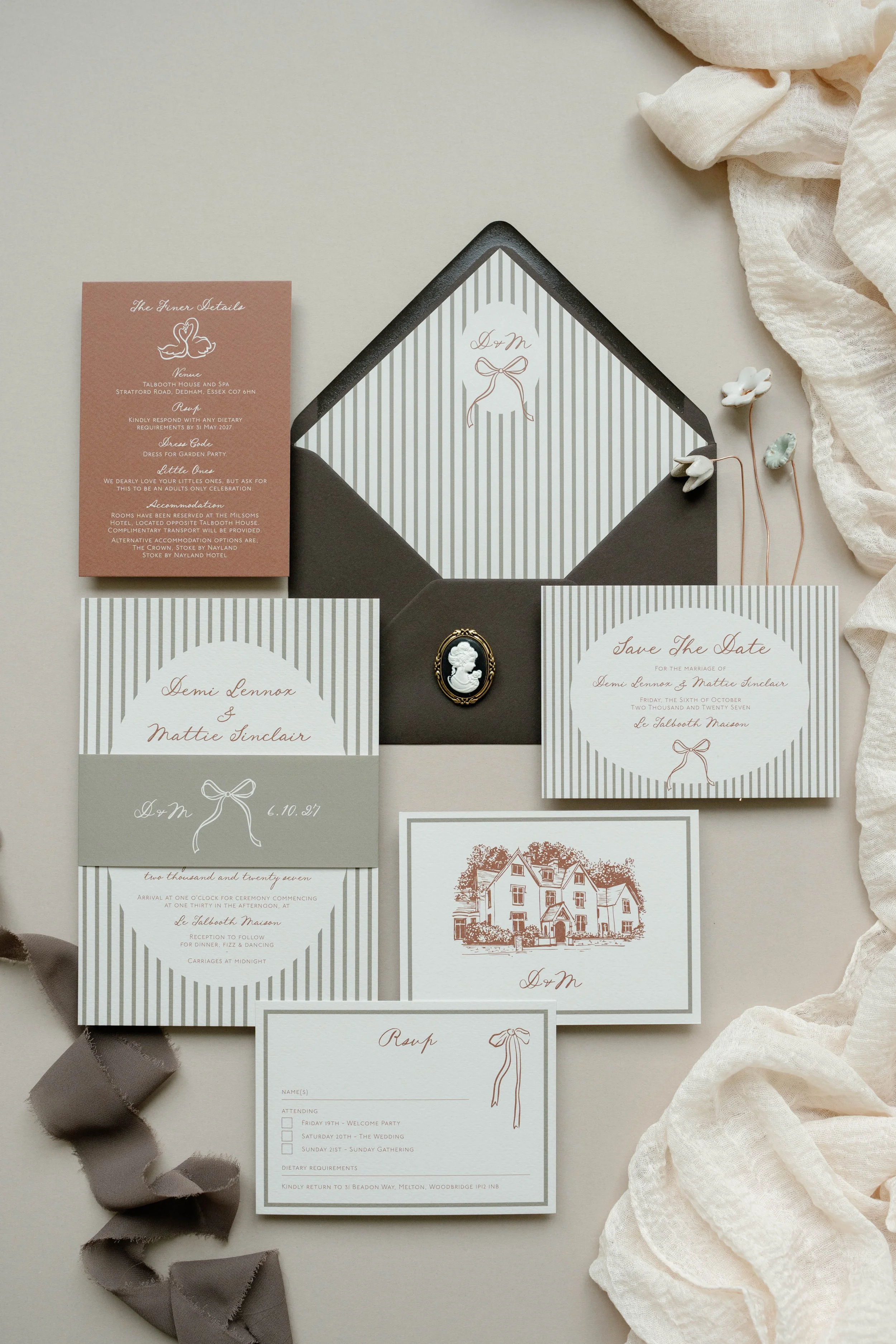 Polly Pickle Demi Olive Green & Rust Invitation Suite