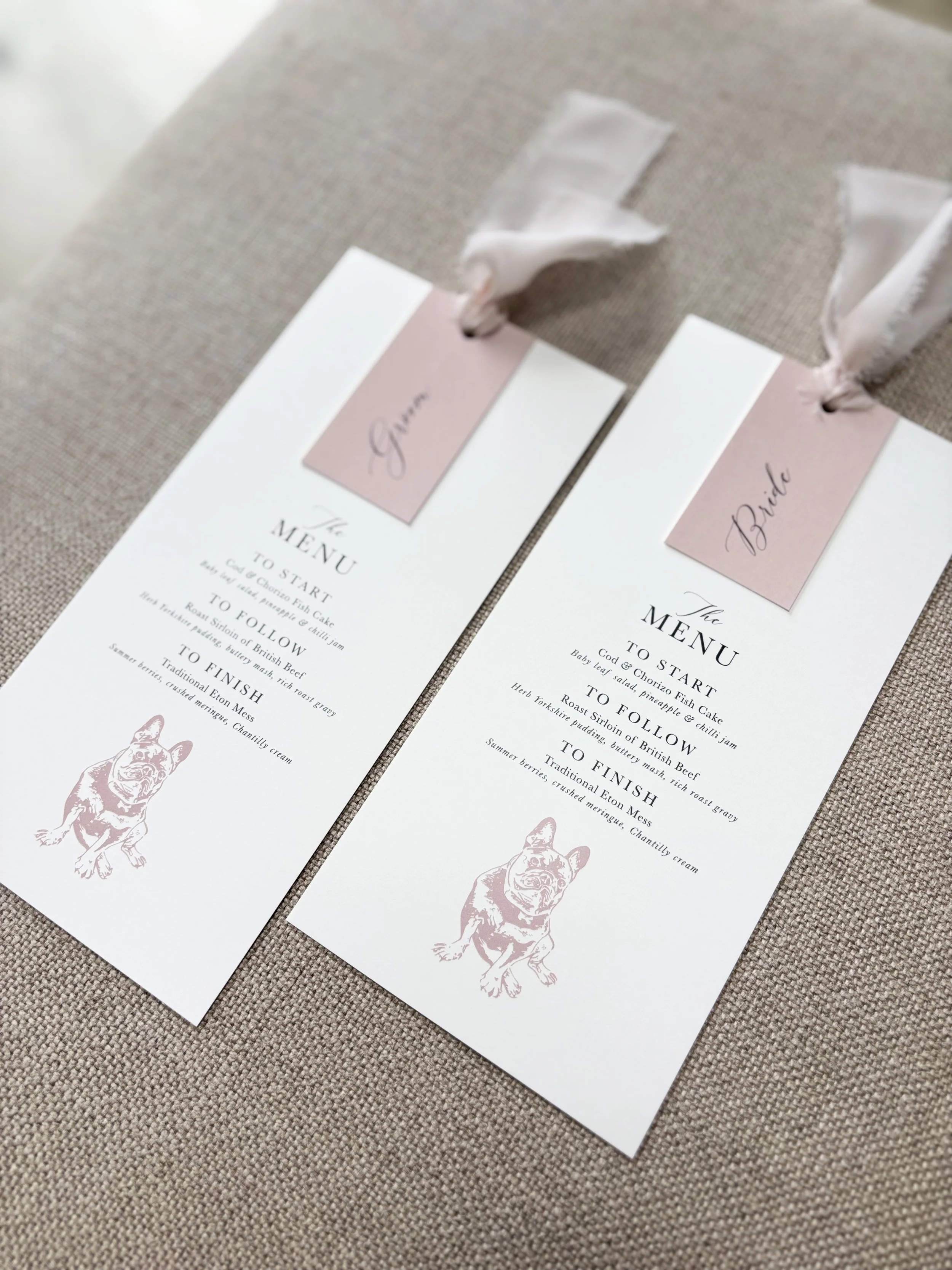 Polly Pickle Bespoke Wedding Place Setting Menu and Name Tag