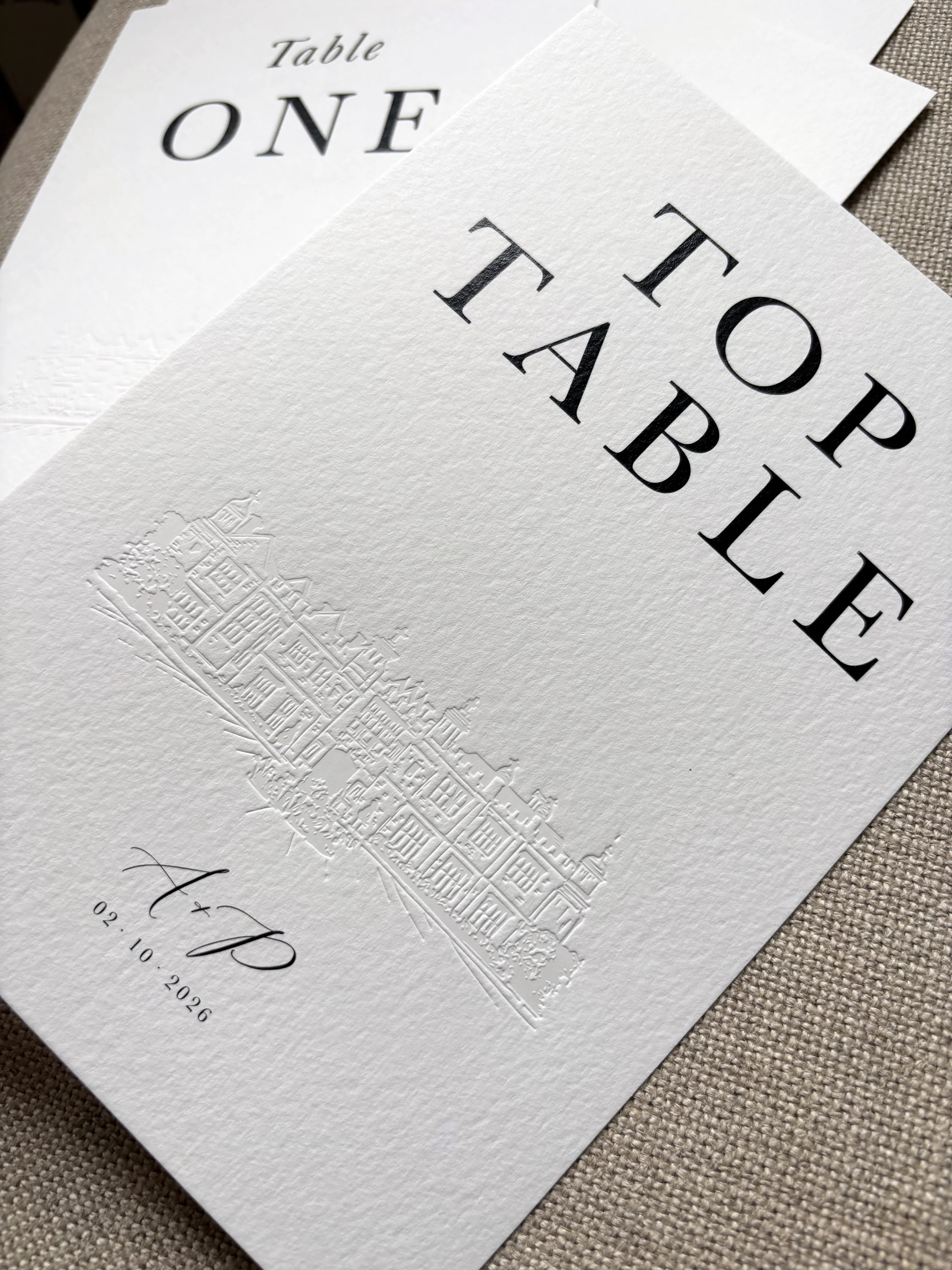 Polly Pickle Bespoke Wedding Hengrave Hall Debossed Table Number