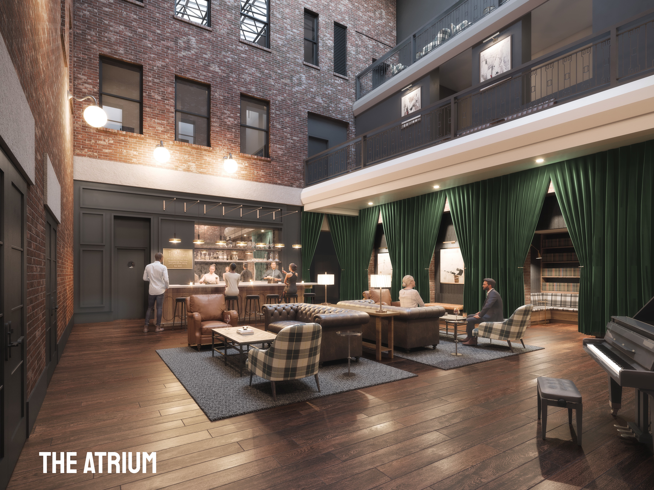  This public parlor is the center of The Center, ascending up three stories of the historic 1911 structure. The Atrium's timeless aesthetic, hidden book nook, and central bar exude the art of discovery.  984 square feet 