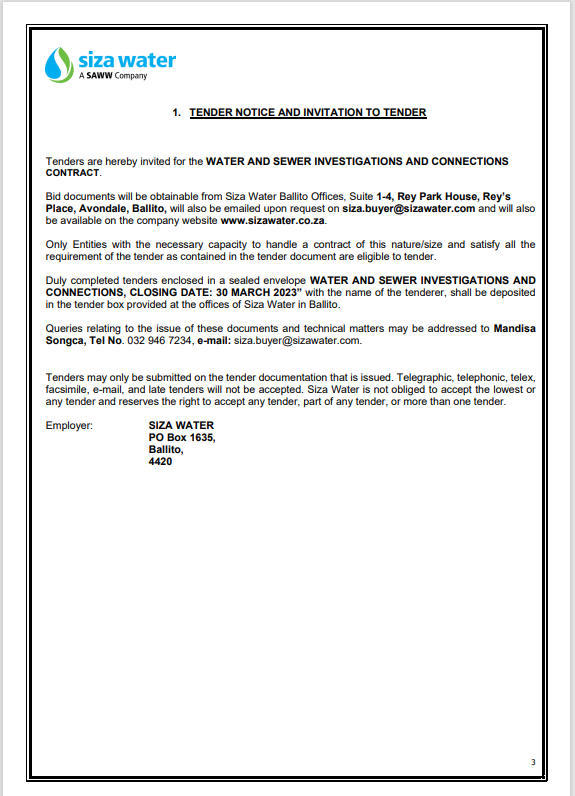 Invitations For Tender — Siza Water