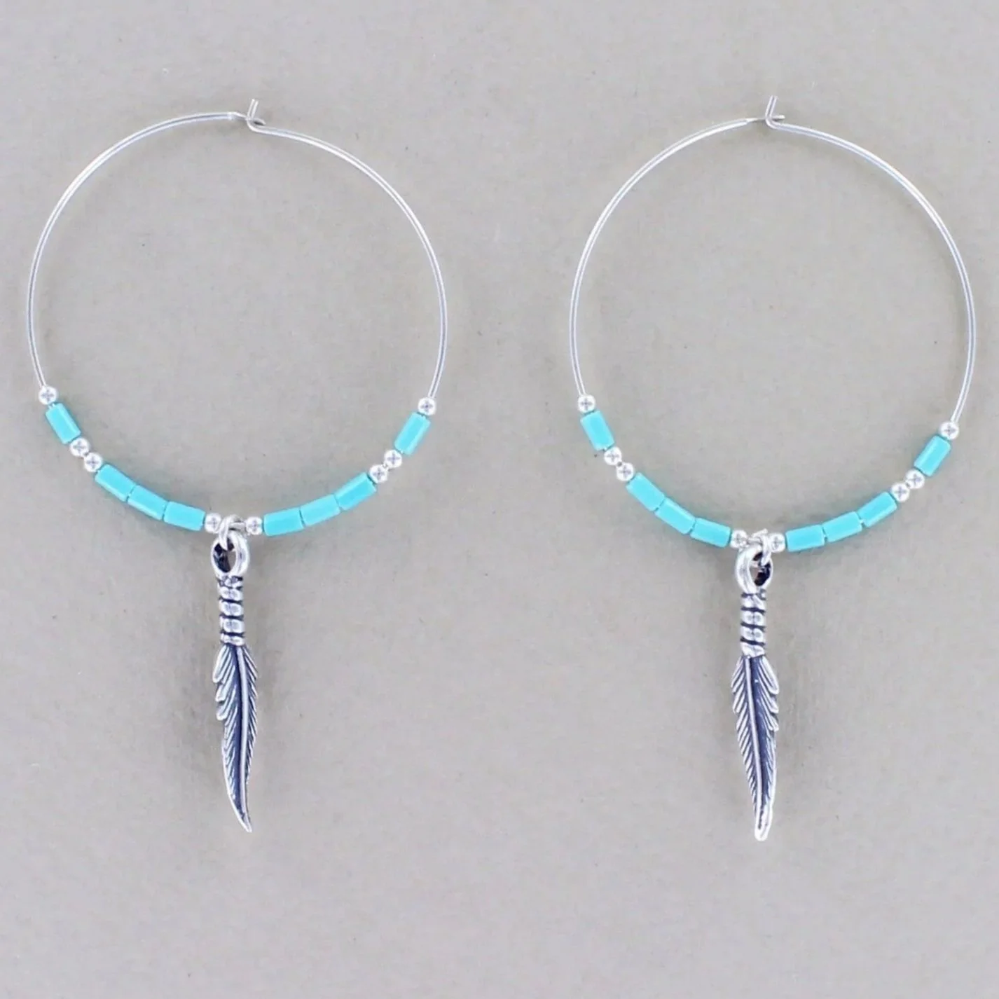 Feather on Turquoise Bead Hoop Earrings