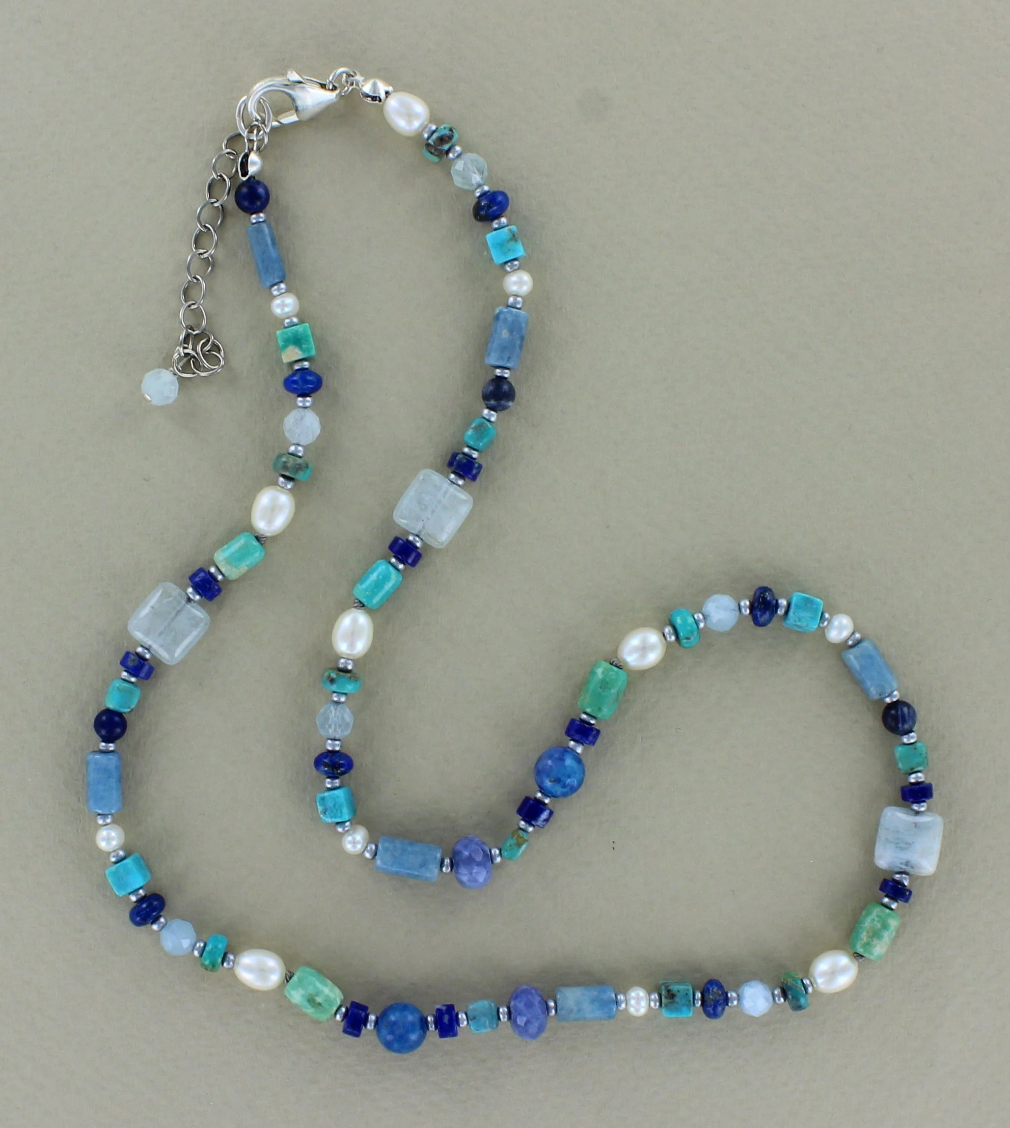 Turquoise, Lapis, Aquamarine and Pearl Bead Necklace