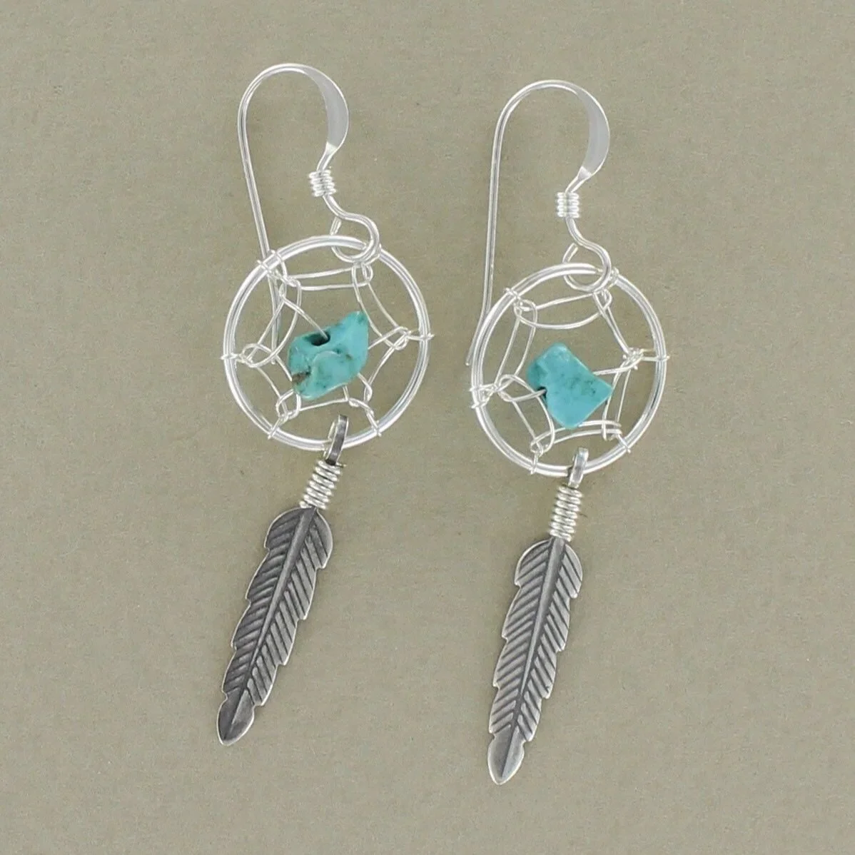 Single Feather and Turquoise Dreamcatcher Drop Earrings