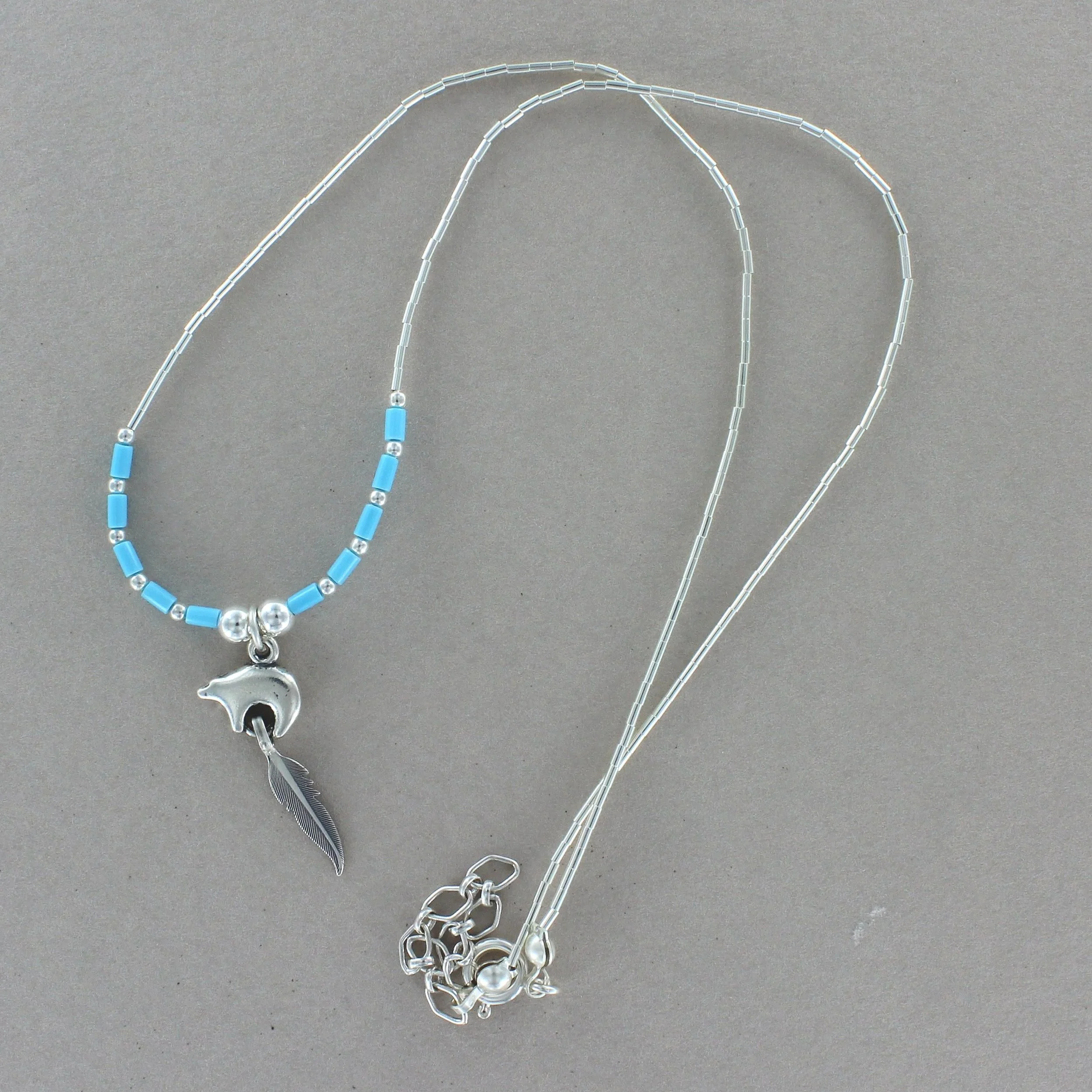 Small Silver Bear Necklace with Feather