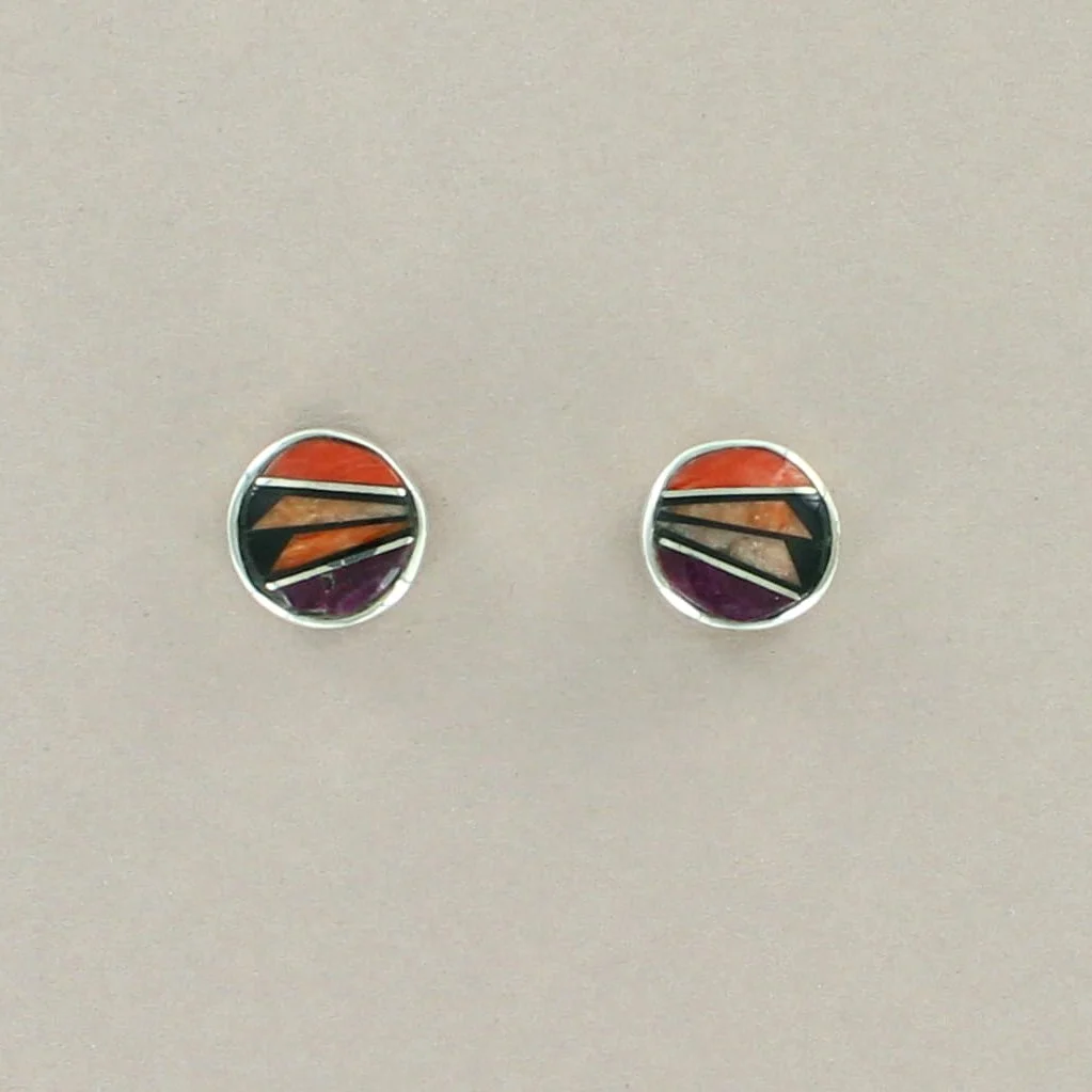Spiney Oyster and Jet Sterling Silver Inlay Round Stud Earrings by Navajo Artisan Jovenna Kinsel