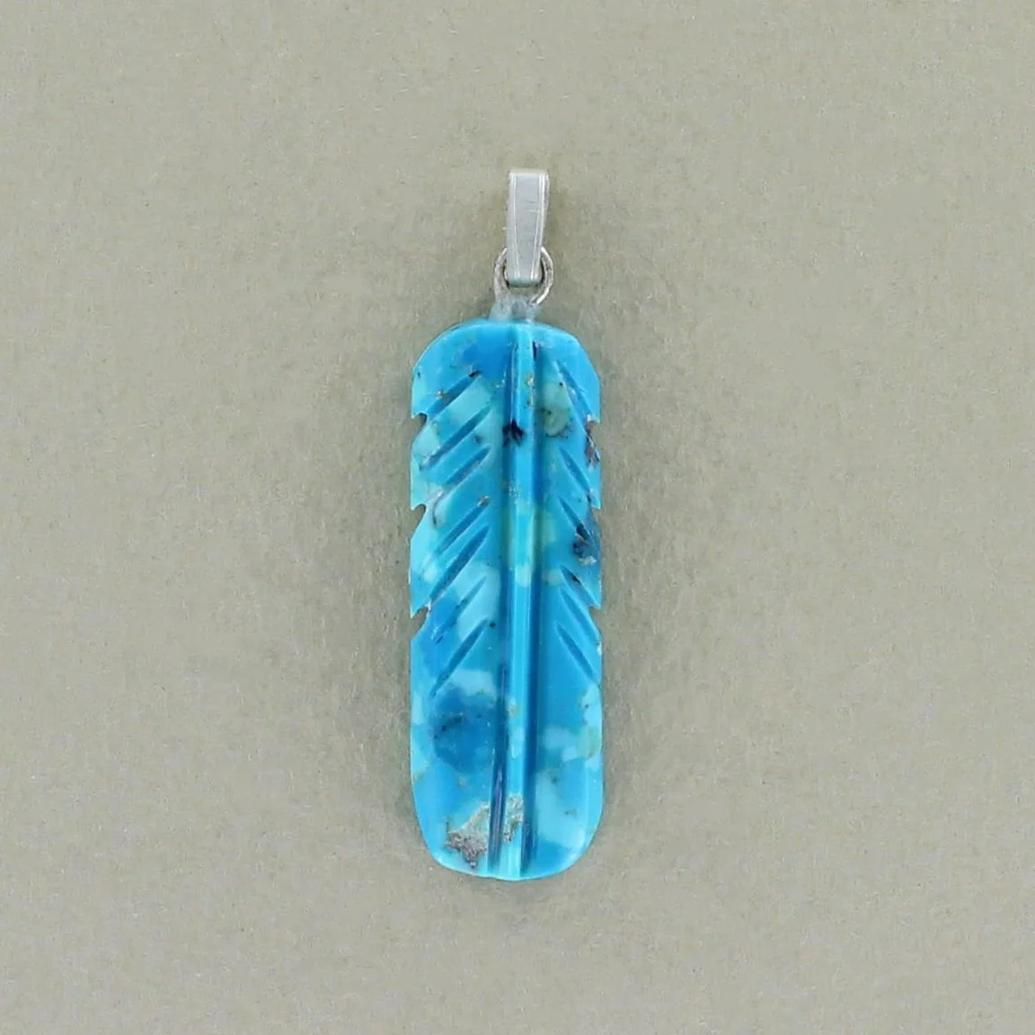Kingman Turquoise Hand Carved Feather Pendant by Navajo Artisan Stacey Turpen