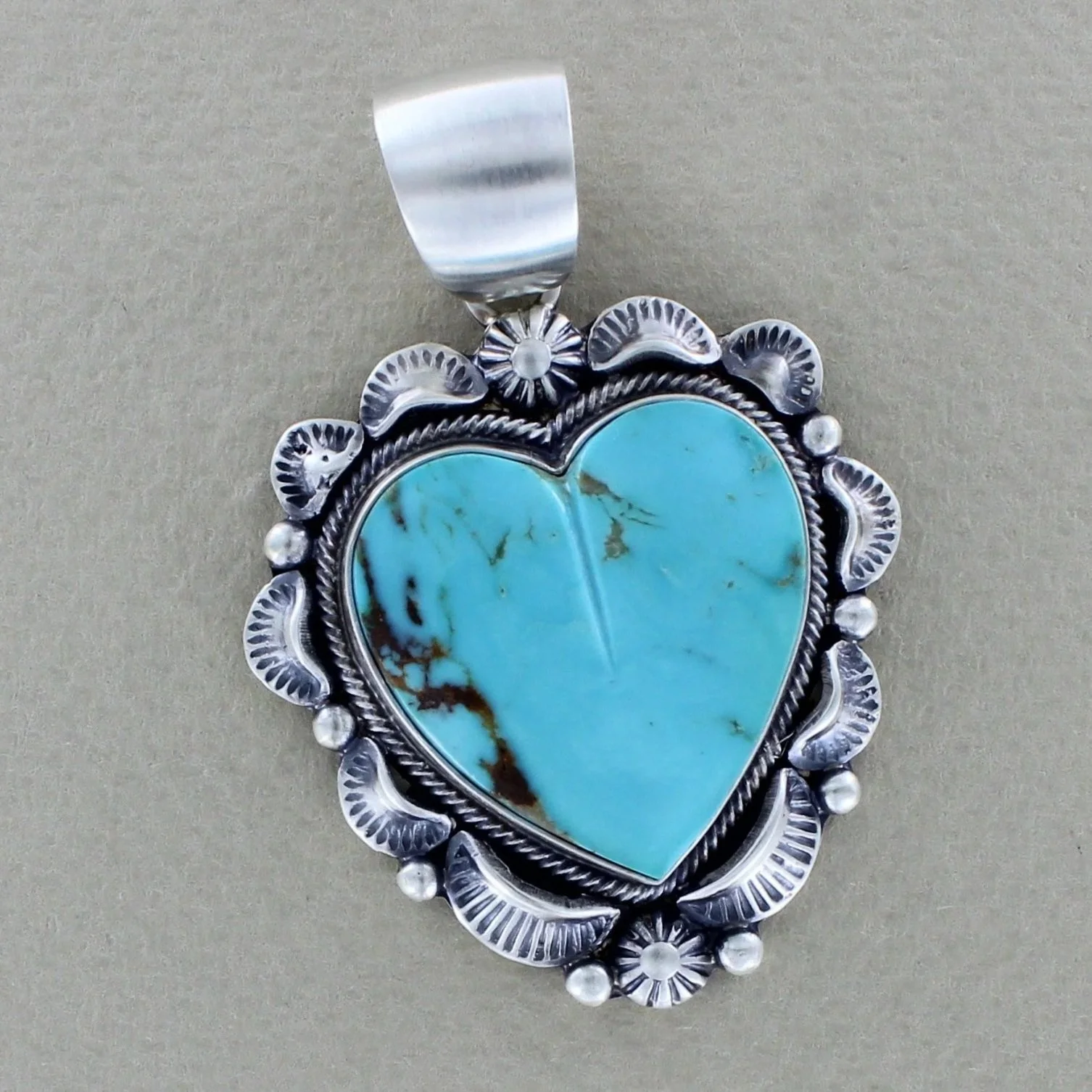 Old Style Navajo Kingman Turquoise Heart Pendant by Robert Concho
